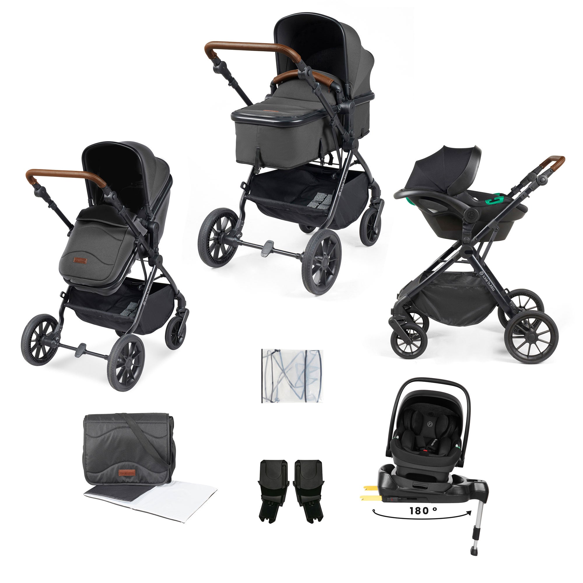 Ickle Bubba Cosmo 9-Piece Travel System with i-Size Nimbus Car Seat & Spin Isofix Base in Black / Graphite Grey / Tan