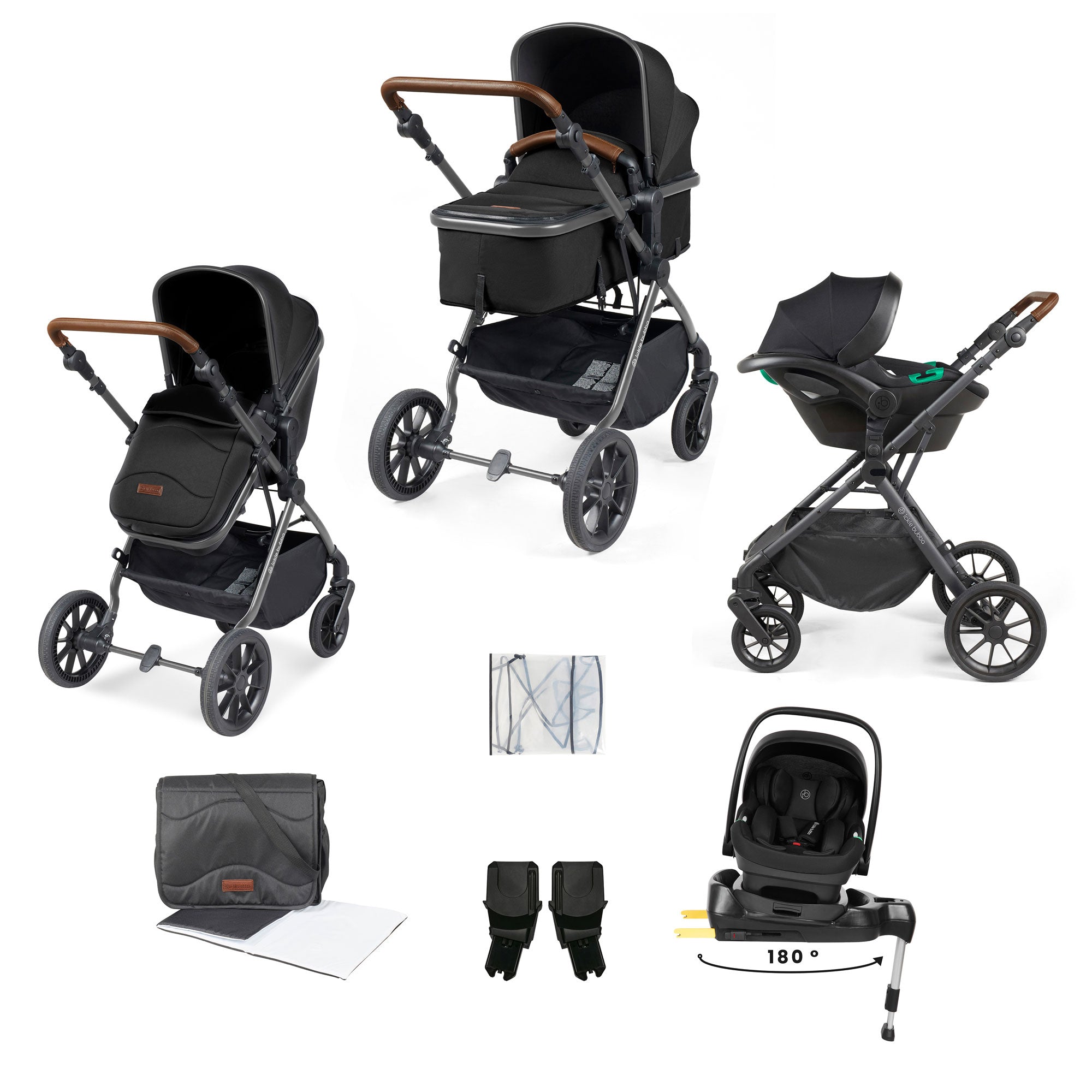 Ickle Bubba Cosmo 9-Piece Travel System with i-Size Nimbus Car Seat & Spin Isofix Base in Gunmetal / Black / Tan