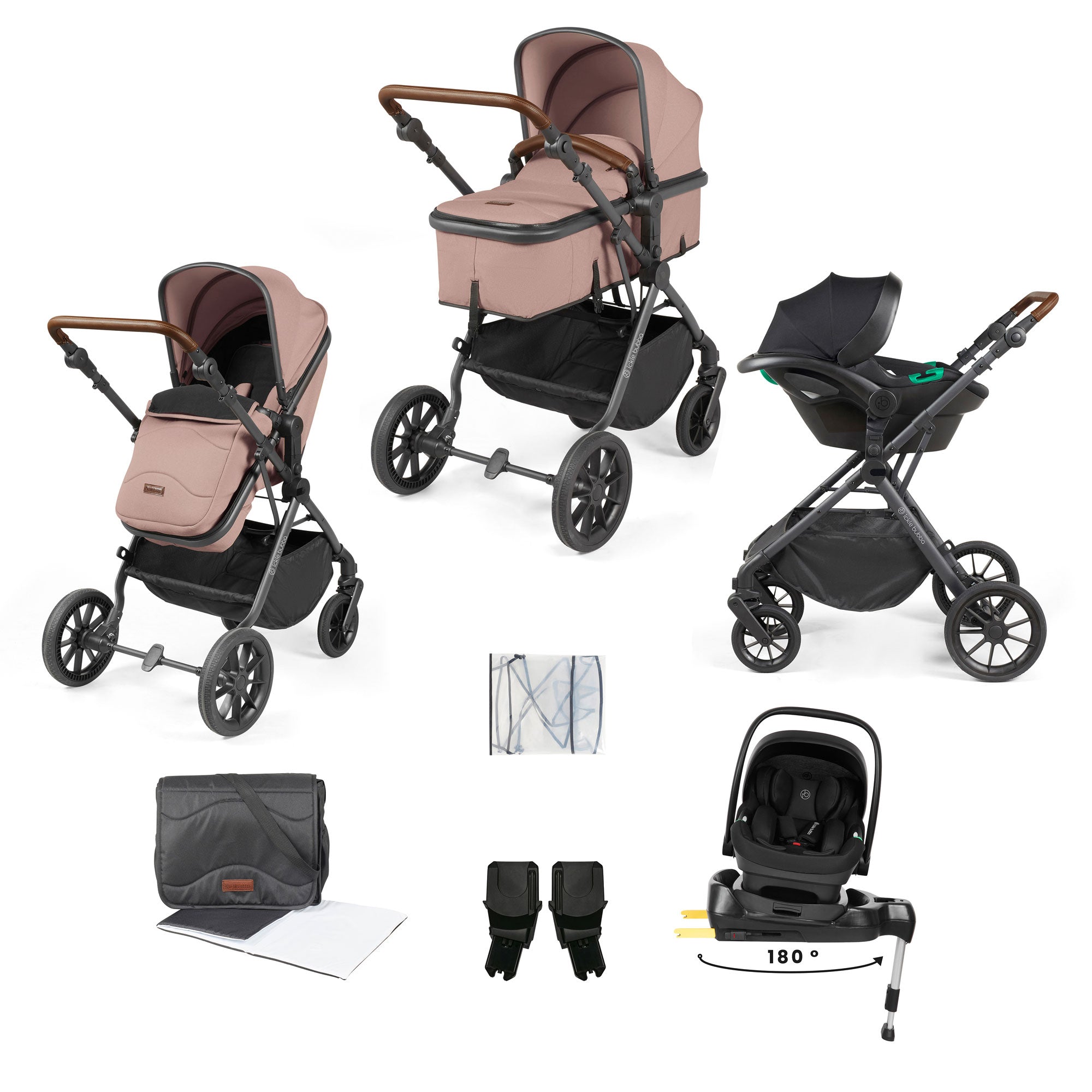 Ickle Bubba Cosmo 9-Piece Travel System with i-Size Nimbus Car Seat & Spin Isofix Base in Gunmetal / Desert / Tan