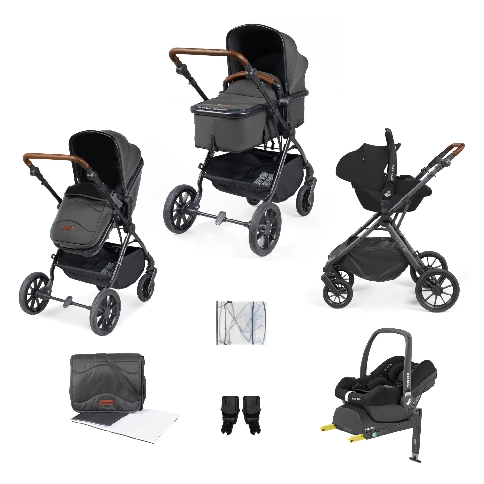Ickle Bubba Cosmo 9-Piece Travel System with Maxi-Cosi Cabriofix Car Seat & Isofix Base in Black / Graphite Grey / Tan