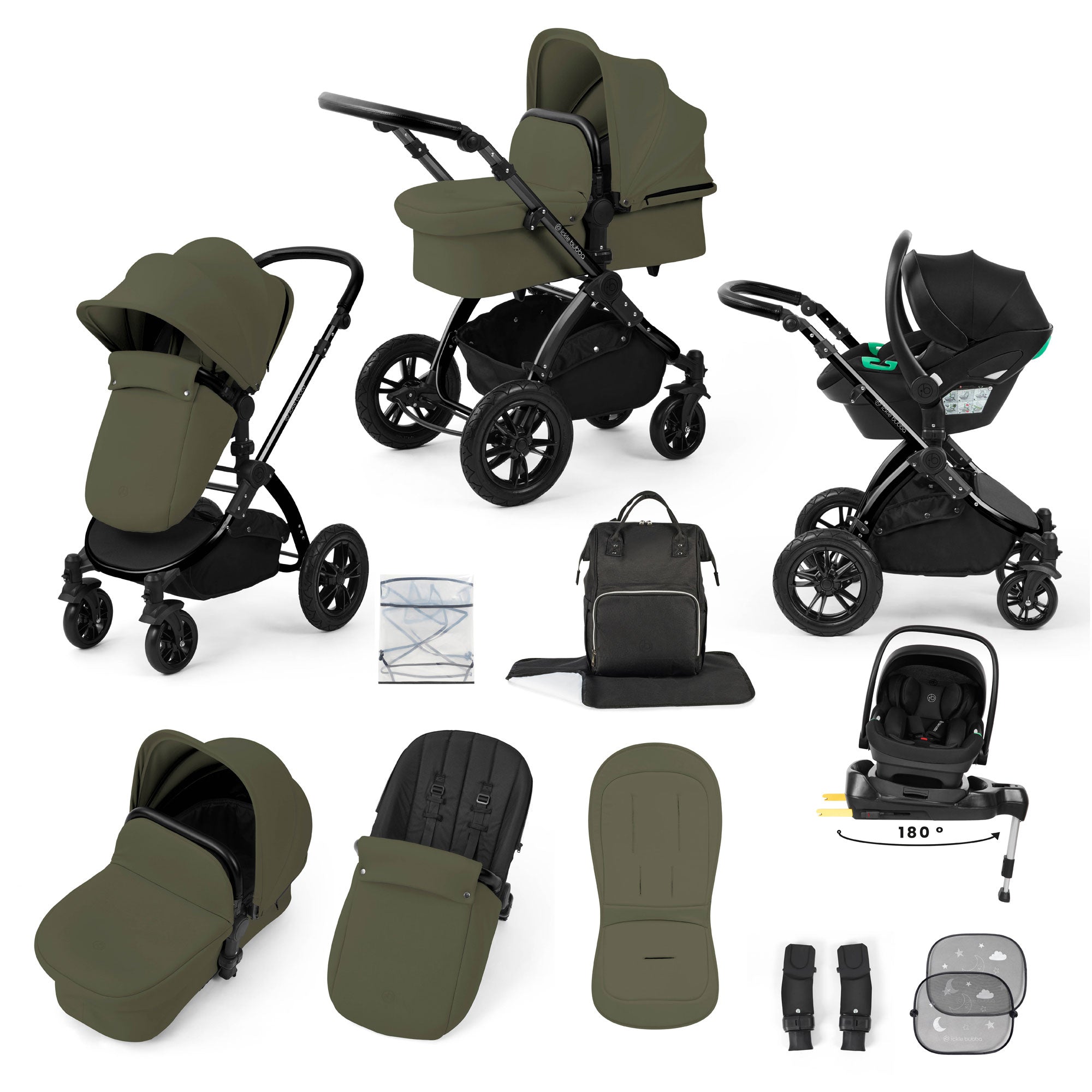 Ickle Bubba Stomp Luxe 12 Piece Travel System with i-Size Nimbus Car Seat & Spin Isofix Base in Woodland