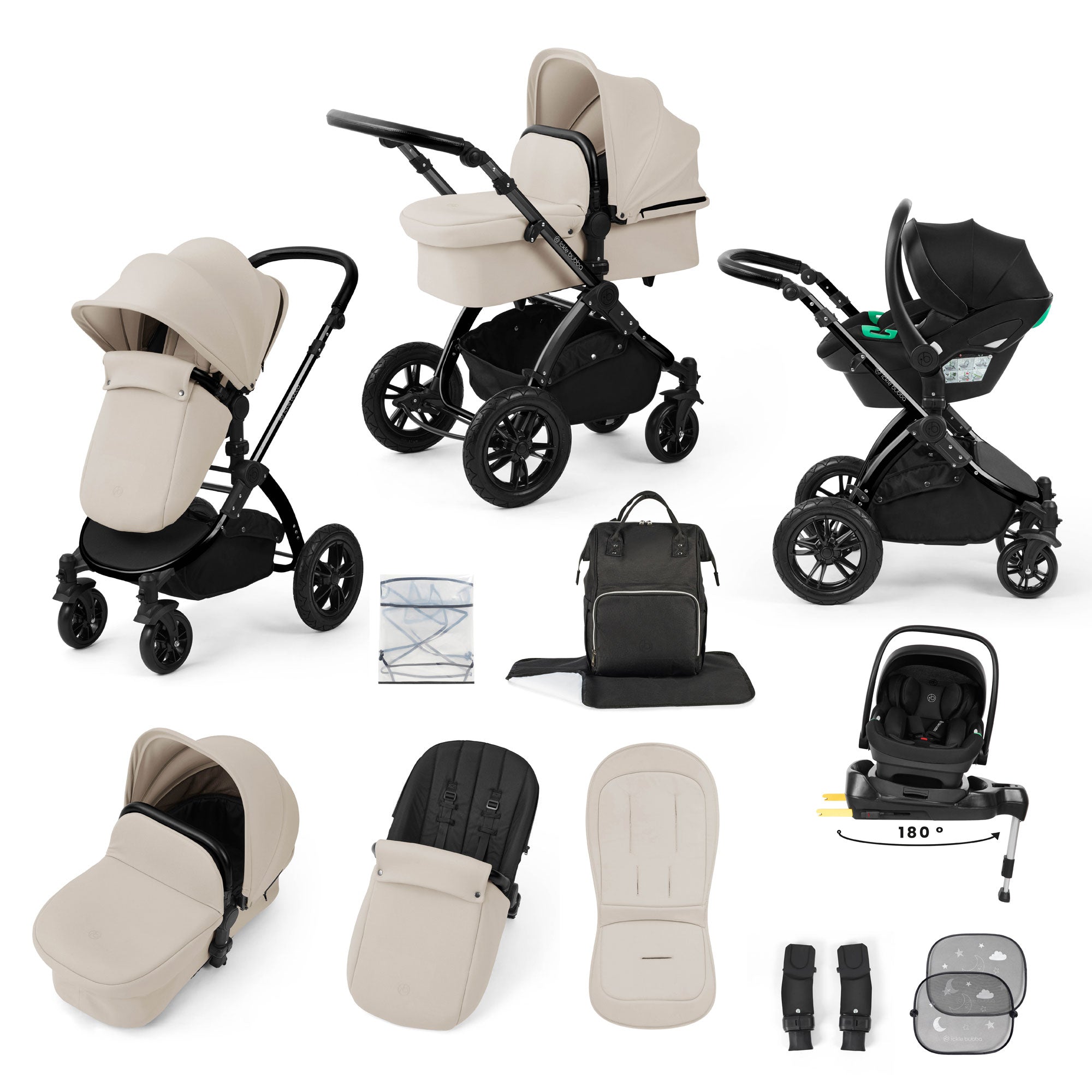 Ickle Bubba Stomp Luxe 12 Piece Travel System with i-Size Nimbus Car Seat & Spin Isofix Base in Stone