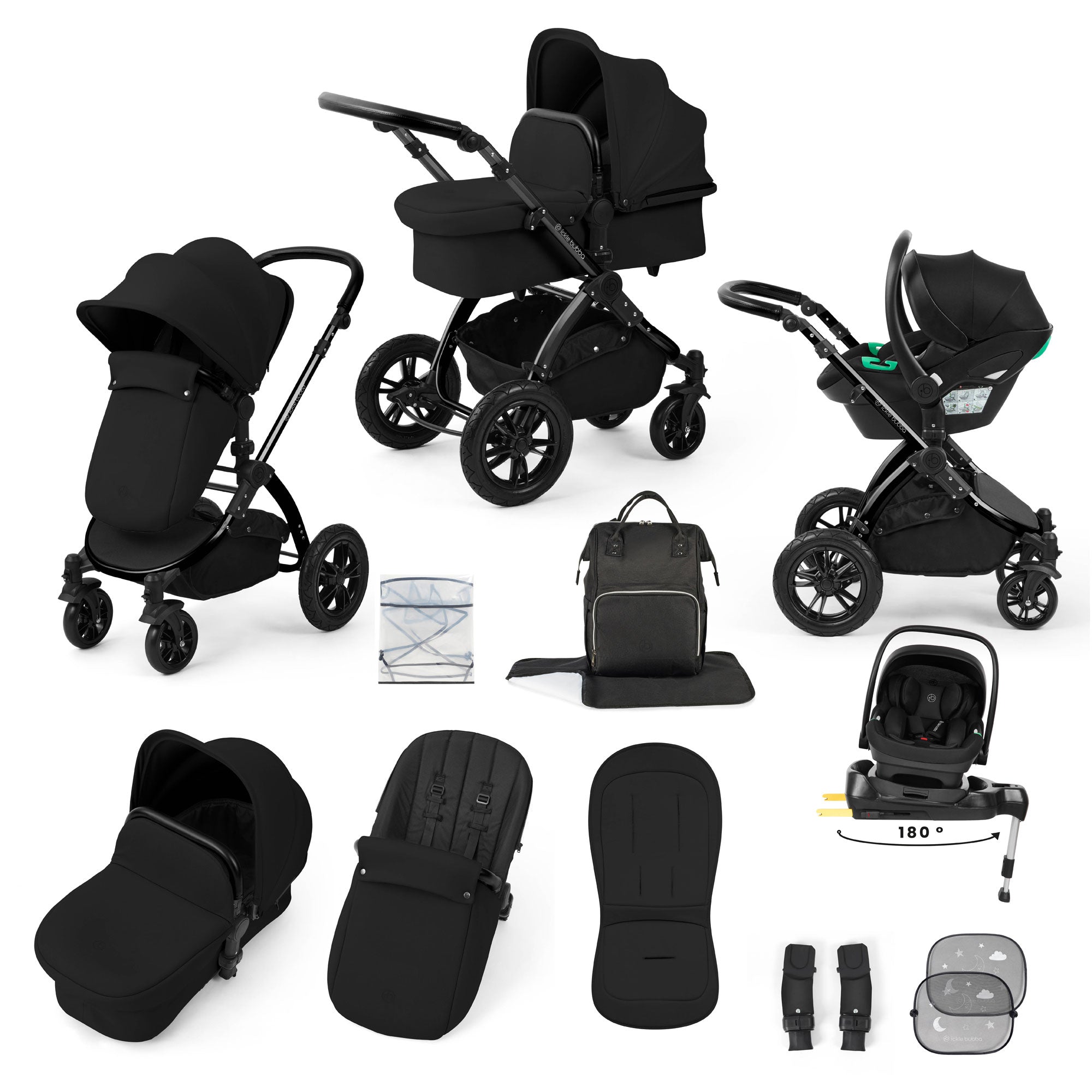 Ickle Bubba Stomp Luxe 12 Piece Travel System with i-Size Nimbus Car Seat & Spin Isofix Base in Midnight