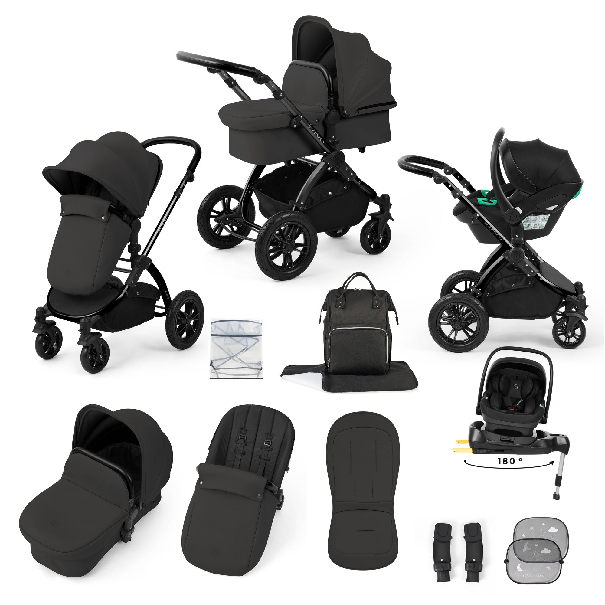 Ickle Bubba Stomp Luxe 12 Piece Travel System with i-Size Nimbus Car Seat & Spin Isofix Base in Charcoal Grey
