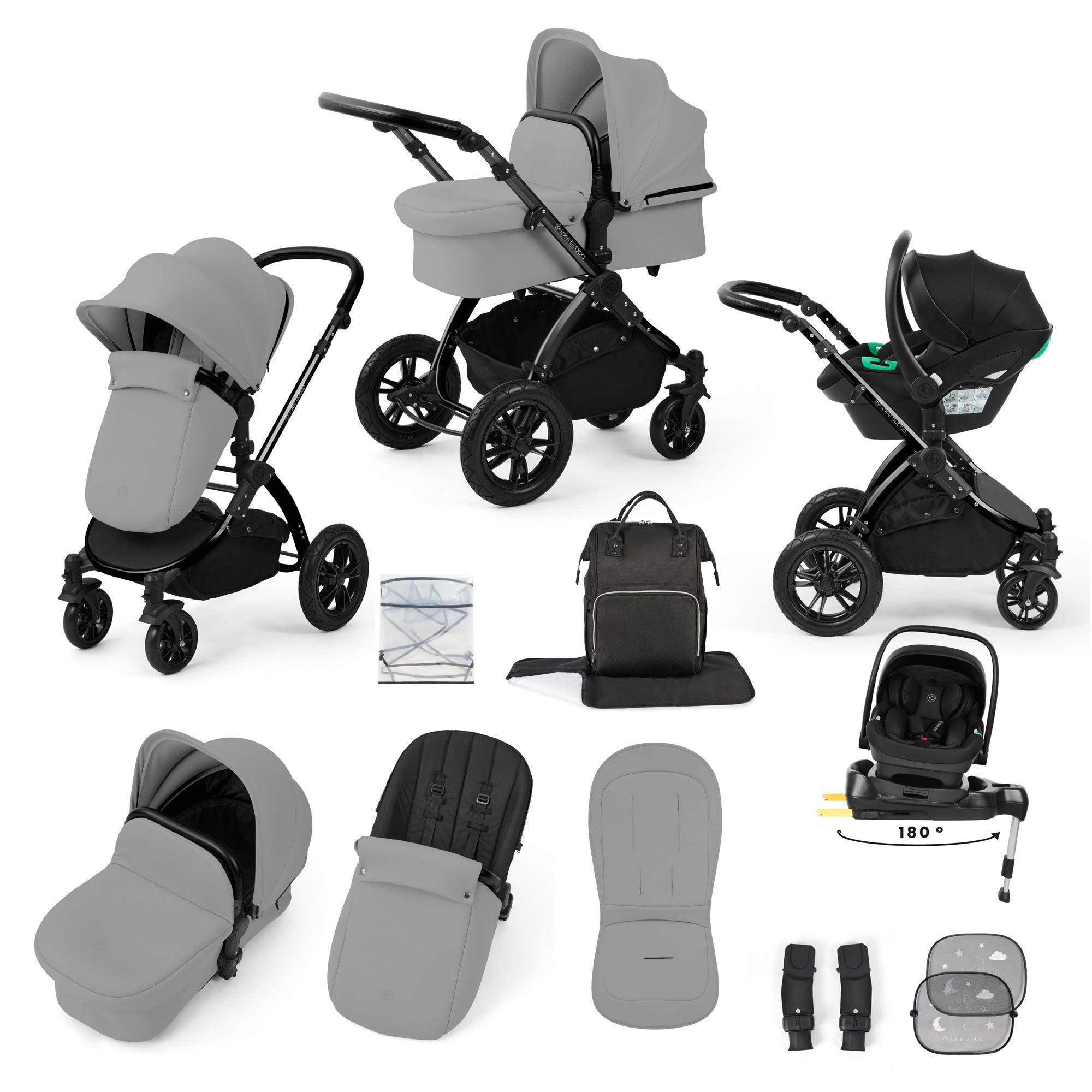 Ickle Bubba Stomp Luxe 12 Piece Travel System with i-Size Nimbus Car Seat & Spin Isofix Base in Pearl Grey