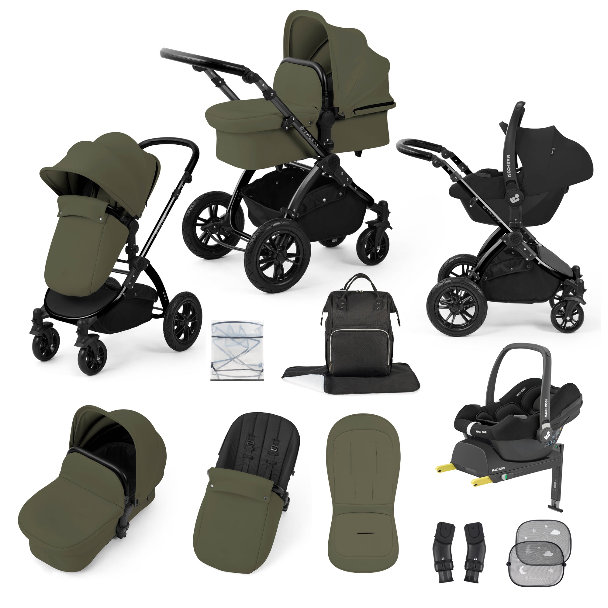 Ickle Bubba Stomp Luxe 12 Piece Travel System with Maxi-Cosi Cabriofix i-Size Car Seat & Isofix Base in Woodland