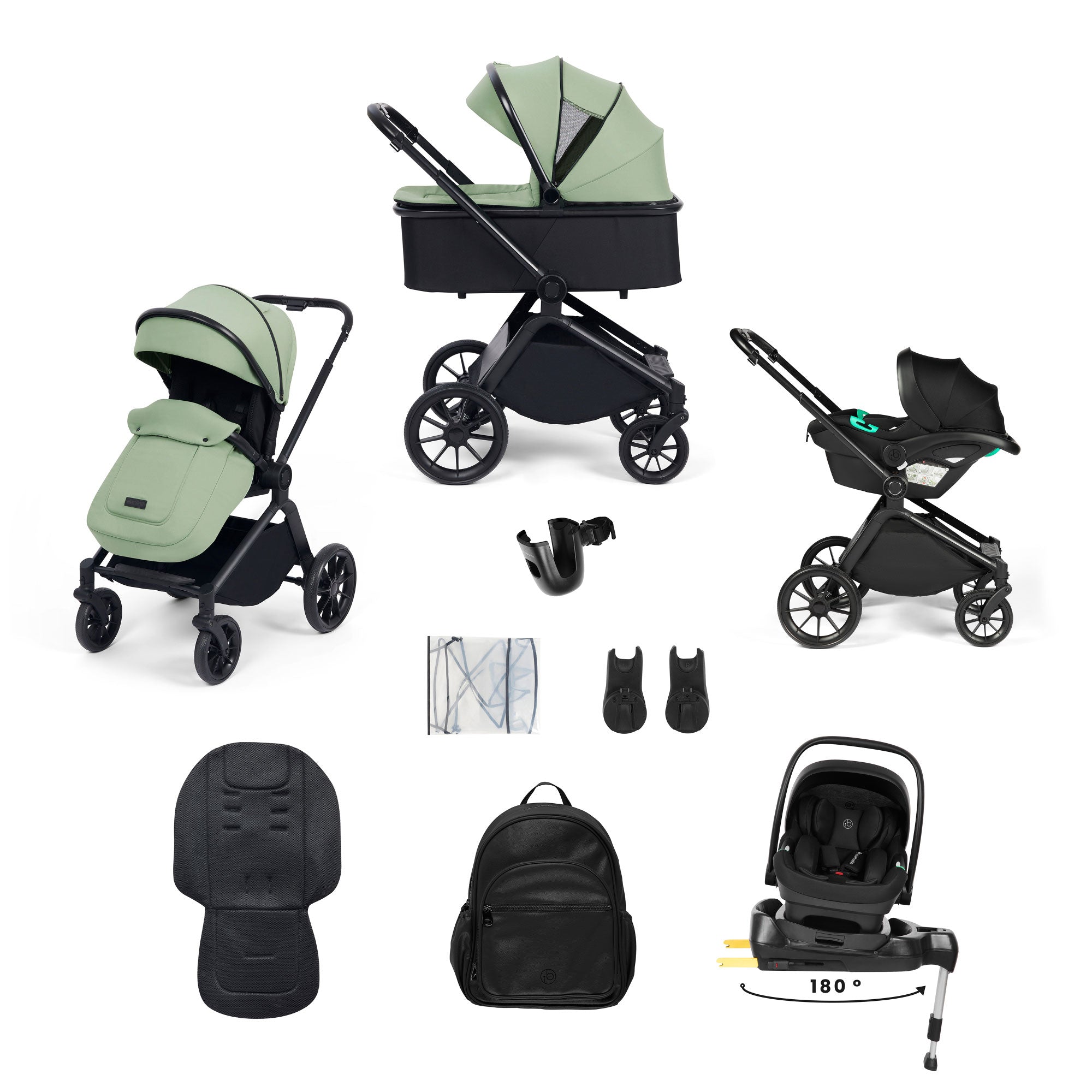 Ickle Bubba Altima 12 Piece Travel System with i-Size Nimbus Car Seat & Spin Isofix Base in Sage Green