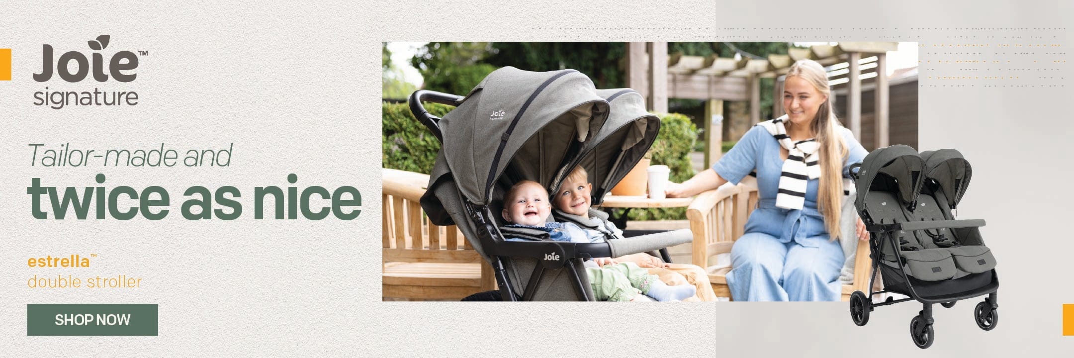 Joie Estrella twin stroller with two children and a woman sitting on a bench, with 'Joie signature' branding.