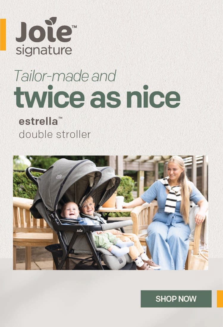Joie Estrella double stroller advertisement with a woman and two children outdoors.