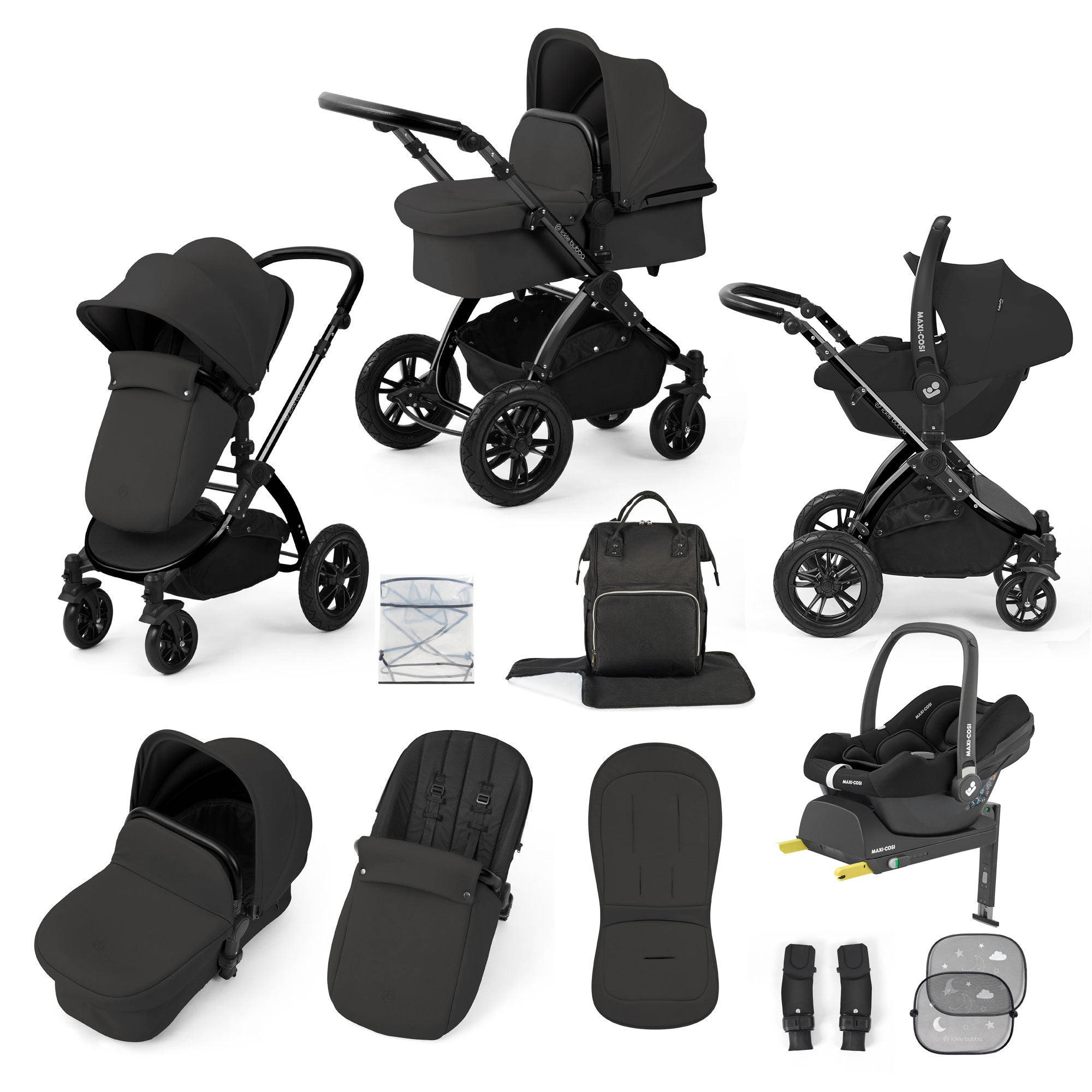 Ickle Bubba Stomp Luxe 12 Piece Travel System with Maxi-Cosi Cabriofix i-Size Car Seat & Isofix Base in Charcoal Grey