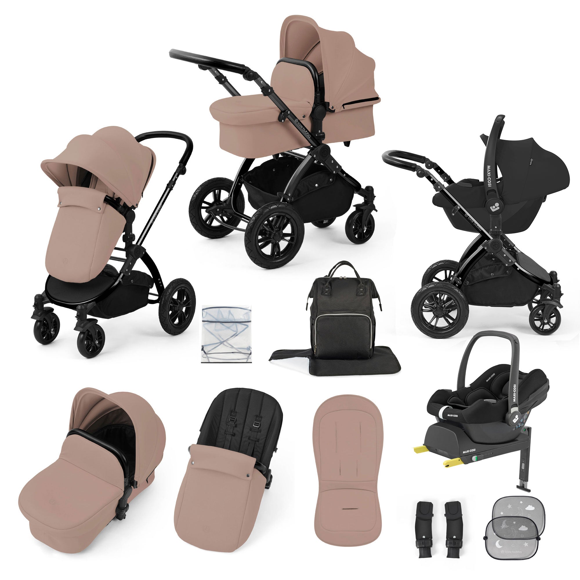 Ickle Bubba Stomp Luxe 12 Piece Travel System with Maxi-Cosi Cabriofix i-Size Car Seat & Isofix Base in Desert