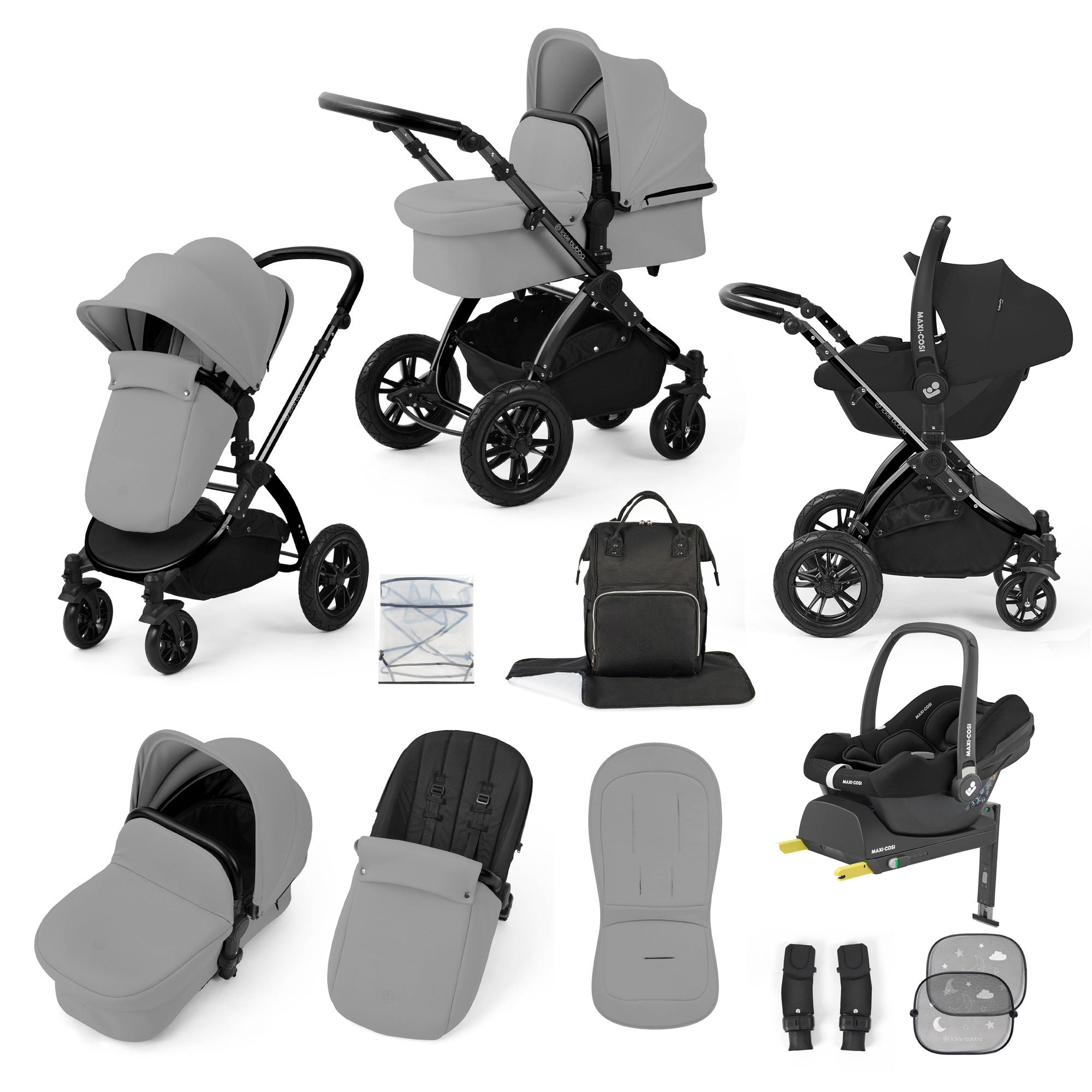 Ickle Bubba Stomp Luxe 12 Piece Travel System with Maxi-Cosi Cabriofix i-Size Car Seat & Isofix Base in Pearl Grey