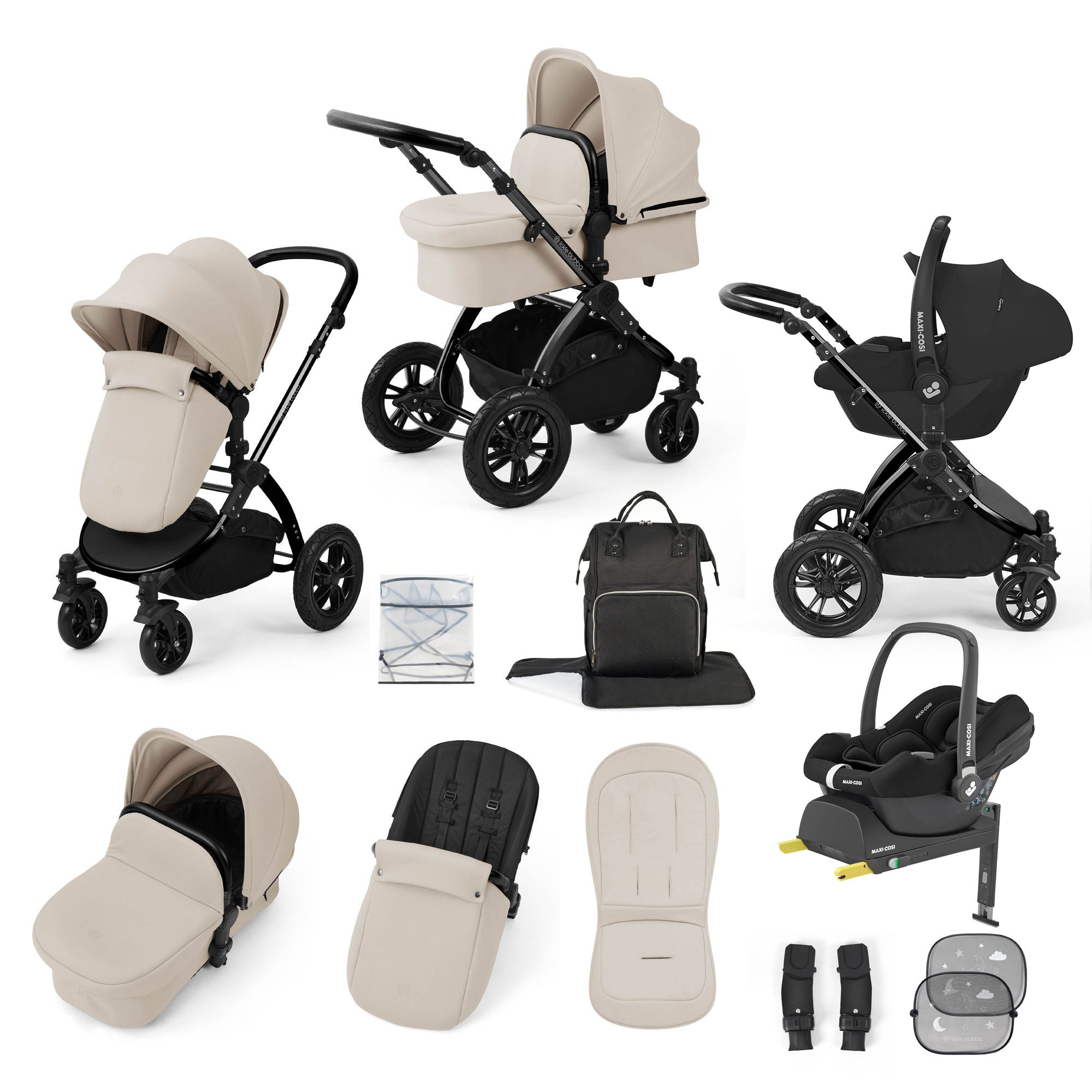 Ickle Bubba Stomp Luxe 12 Piece Travel System with Maxi-Cosi Cabriofix i-Size Car Seat & Isofix Base in Stone
