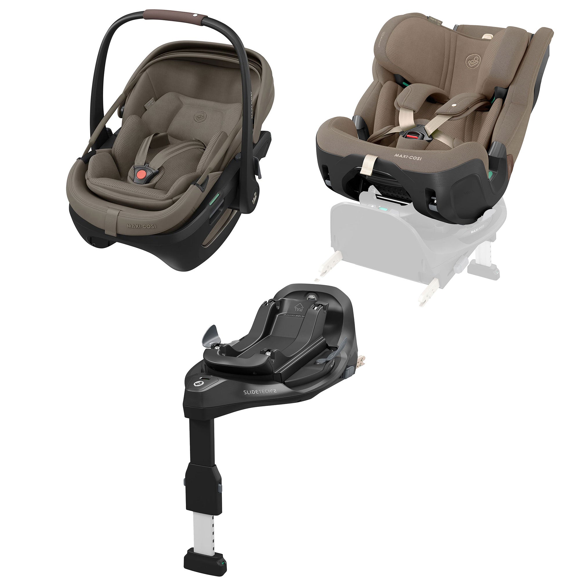 Maxi-Cosi Coral Slide Pro, Pearl XL Slide Pro & Base Bundle in Oak Truffle