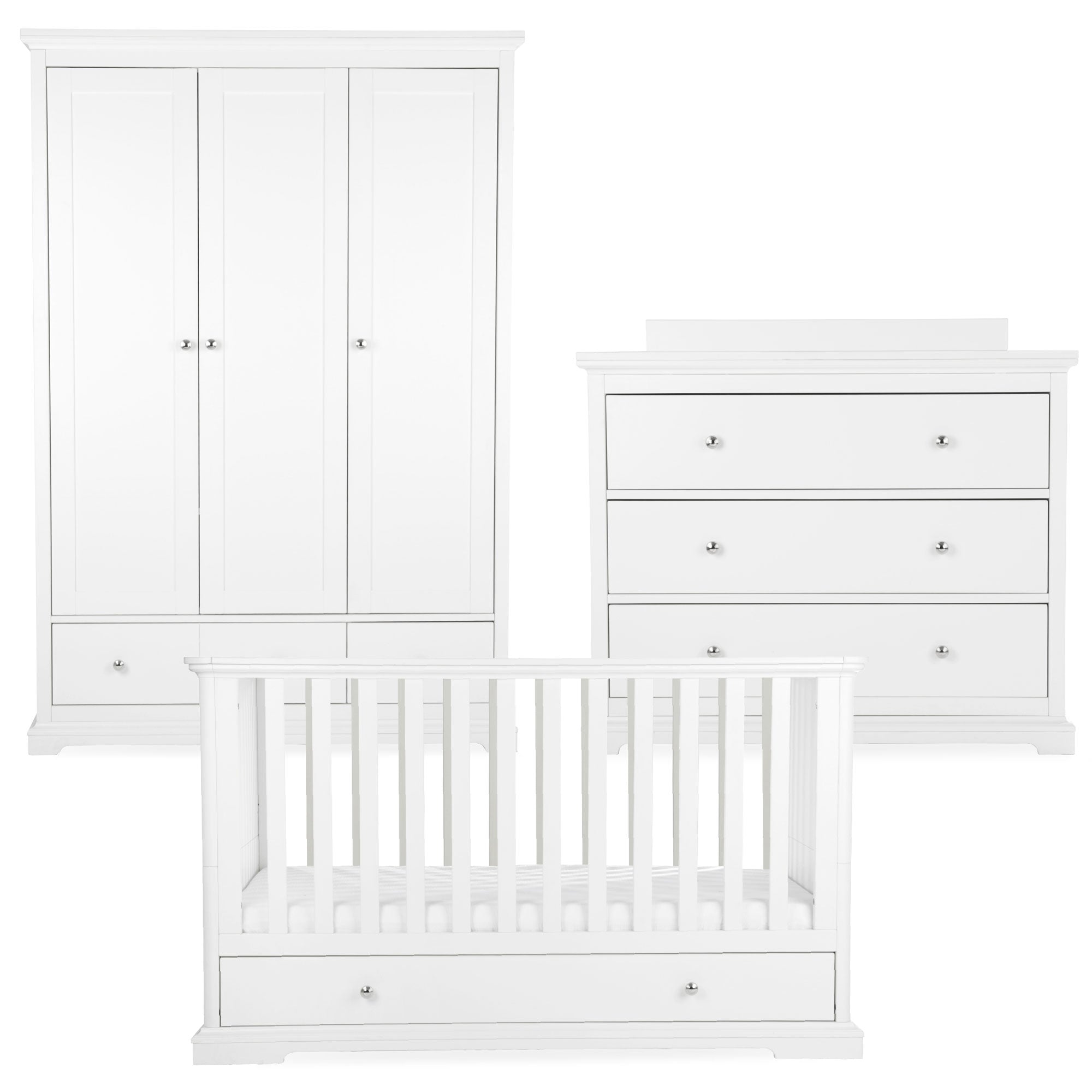 CuddleCo Beaumont 3 Piece Nursery Room Set with Low Cotbed in White