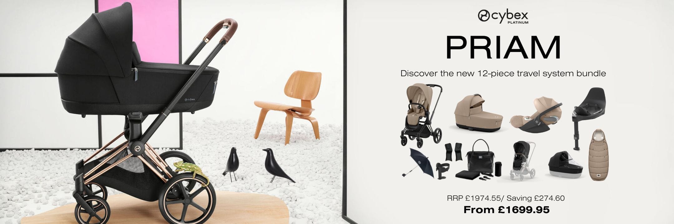 Cybex Priam stroller with accessories on a white background