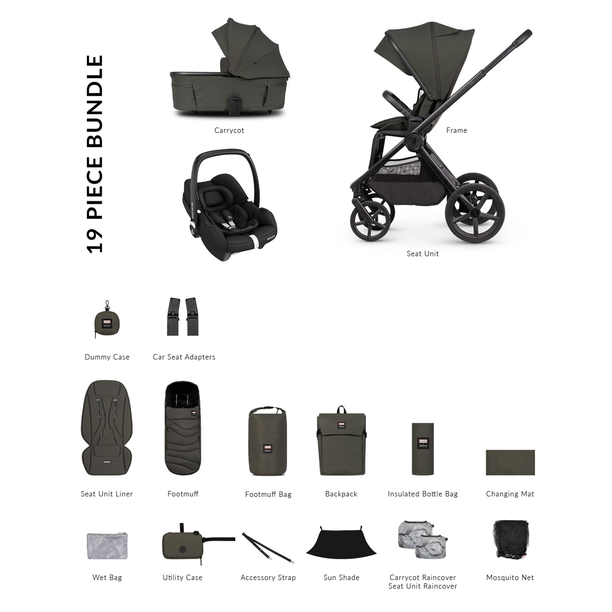 Venicci Tinum Upline 3 Hunter Comfort Maxi-Cosi Travel System in Dark Olive