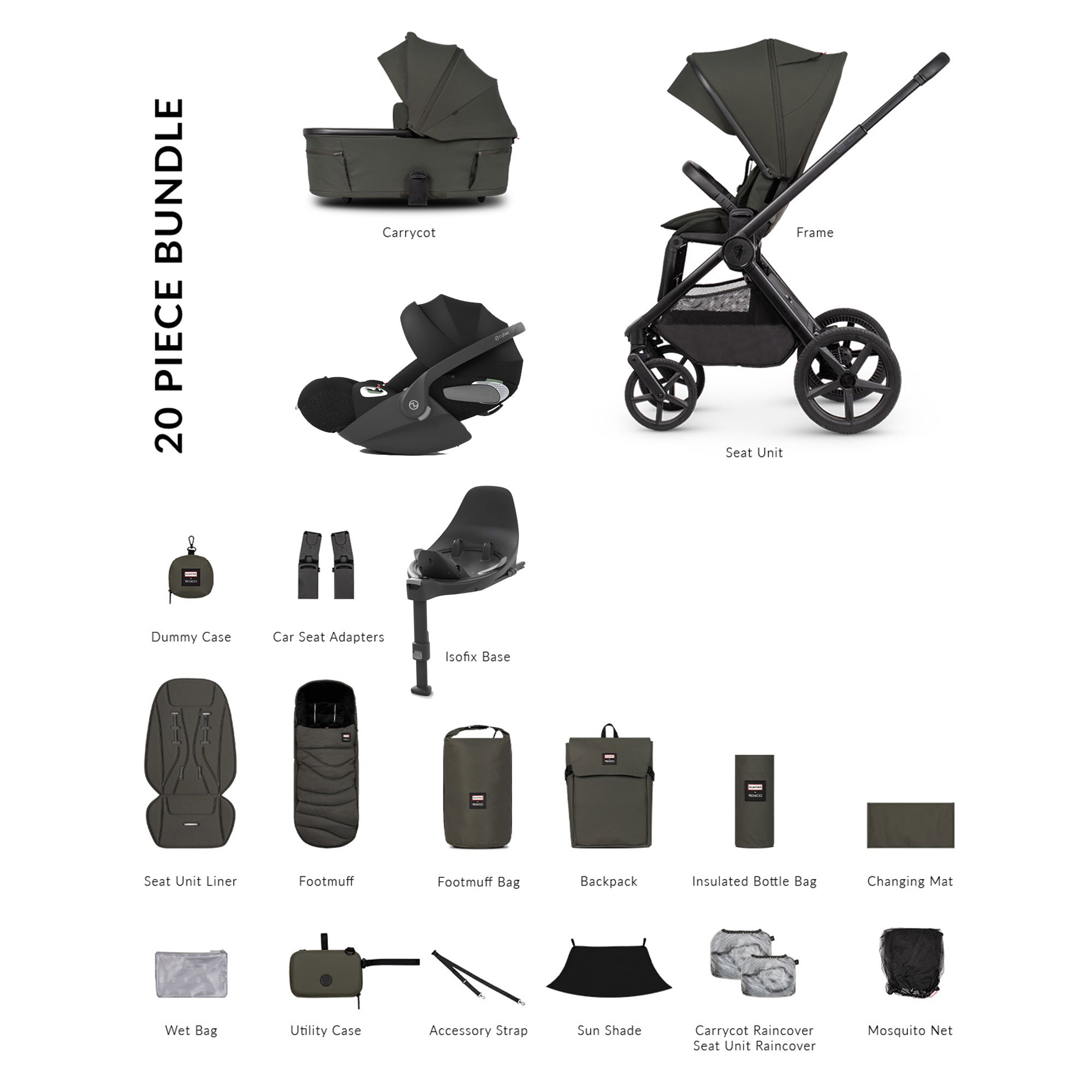 Venicci Tinum Upline 3 Hunter Luxury Cybex Travel System in Dark Olive