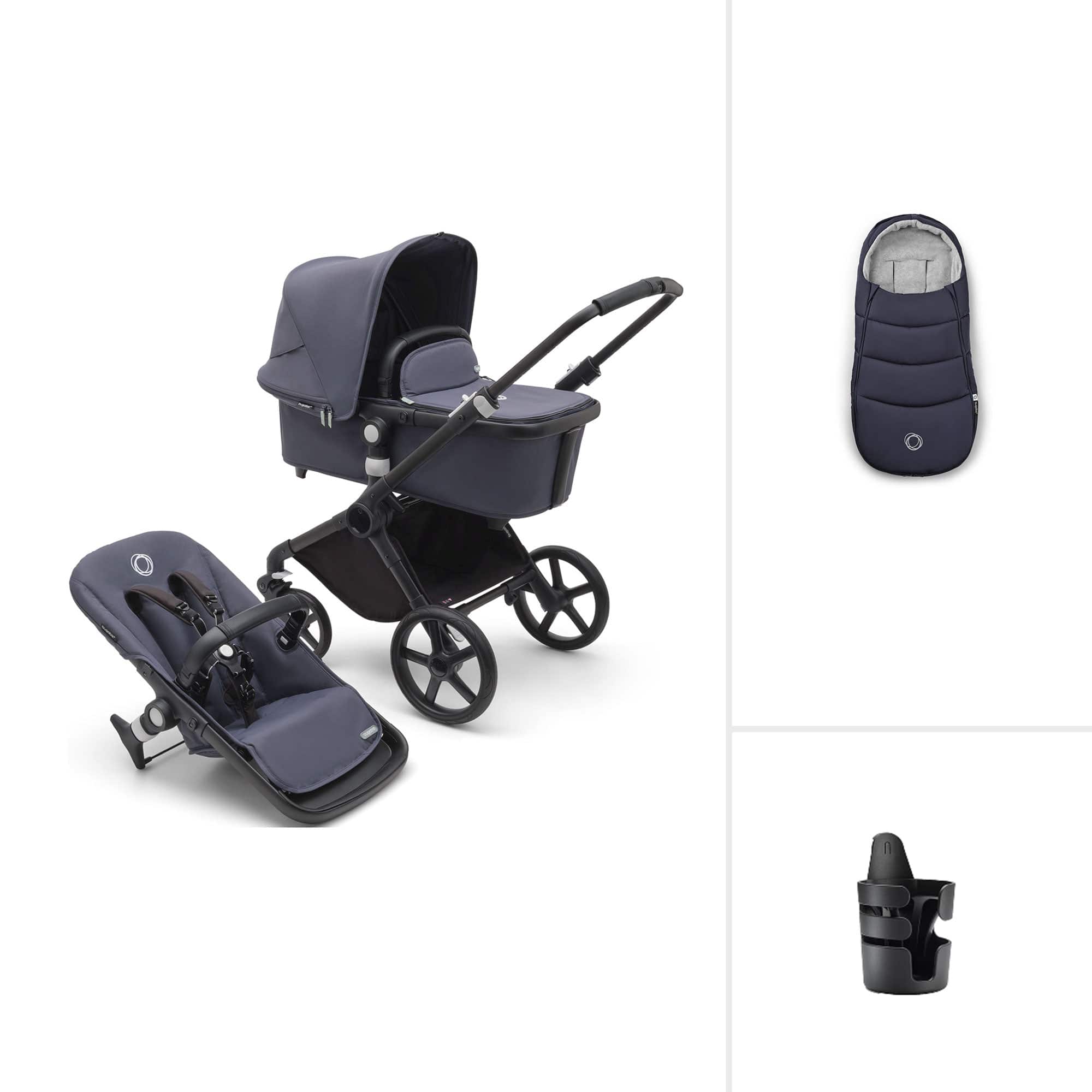bugaboo fox cub pram Bugaboo Fox Cub Essential Bundle in Black/Stormy Blue