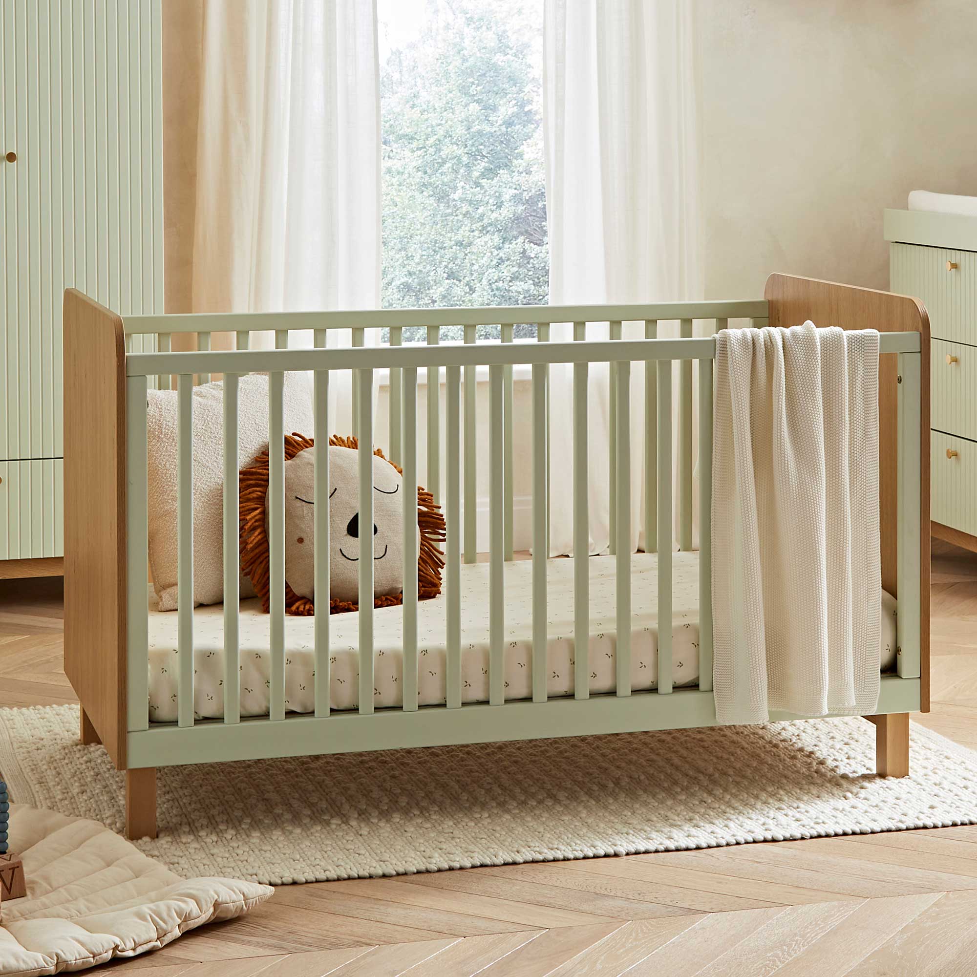 CuddleCo Remi Cot Bed in Oak/Green Cot Beds