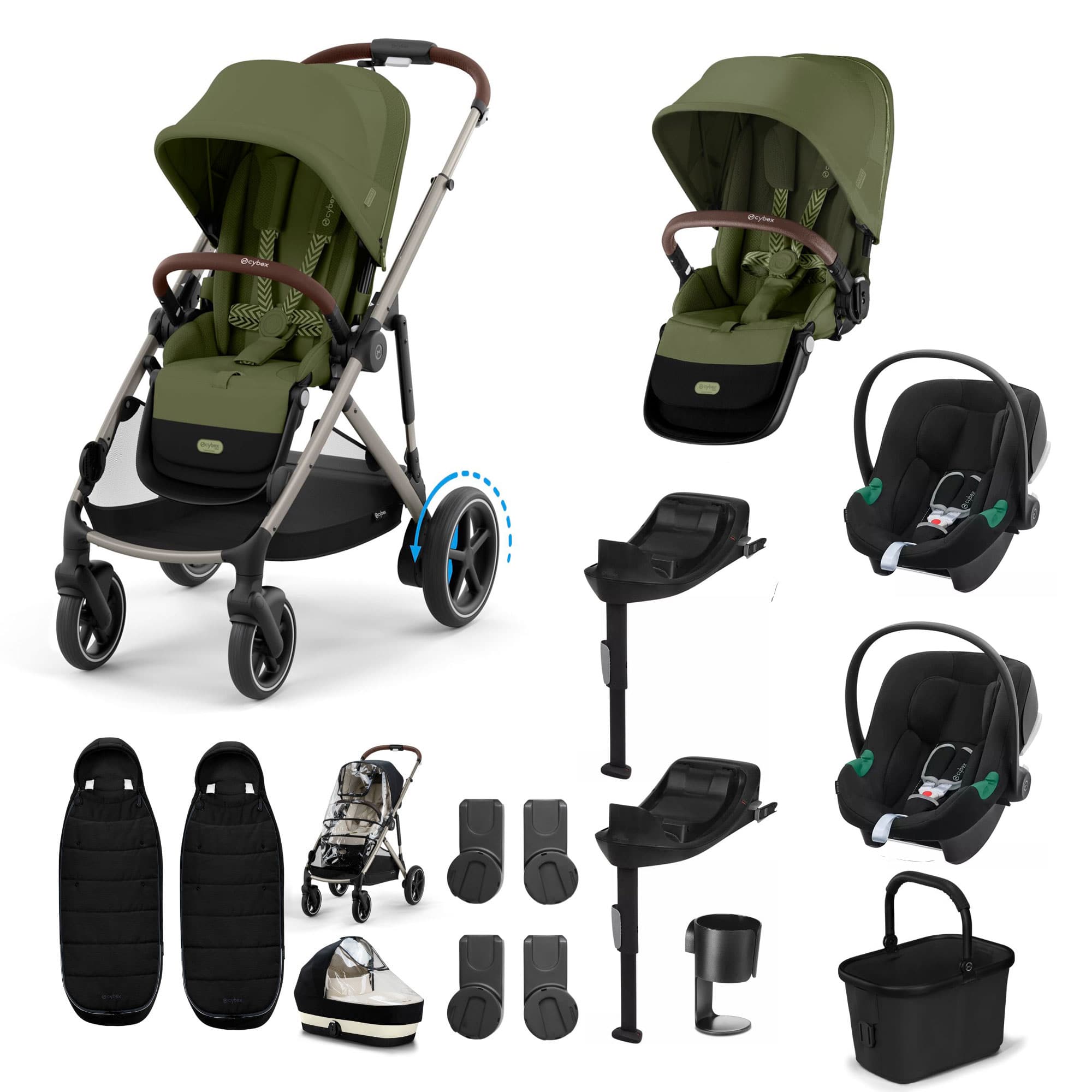 Cybex eGazelle S Twin Comfort Pushchair Bundle in Moss Green Travel Systems 21427-TWN-COM-MSS-1 4063846511624