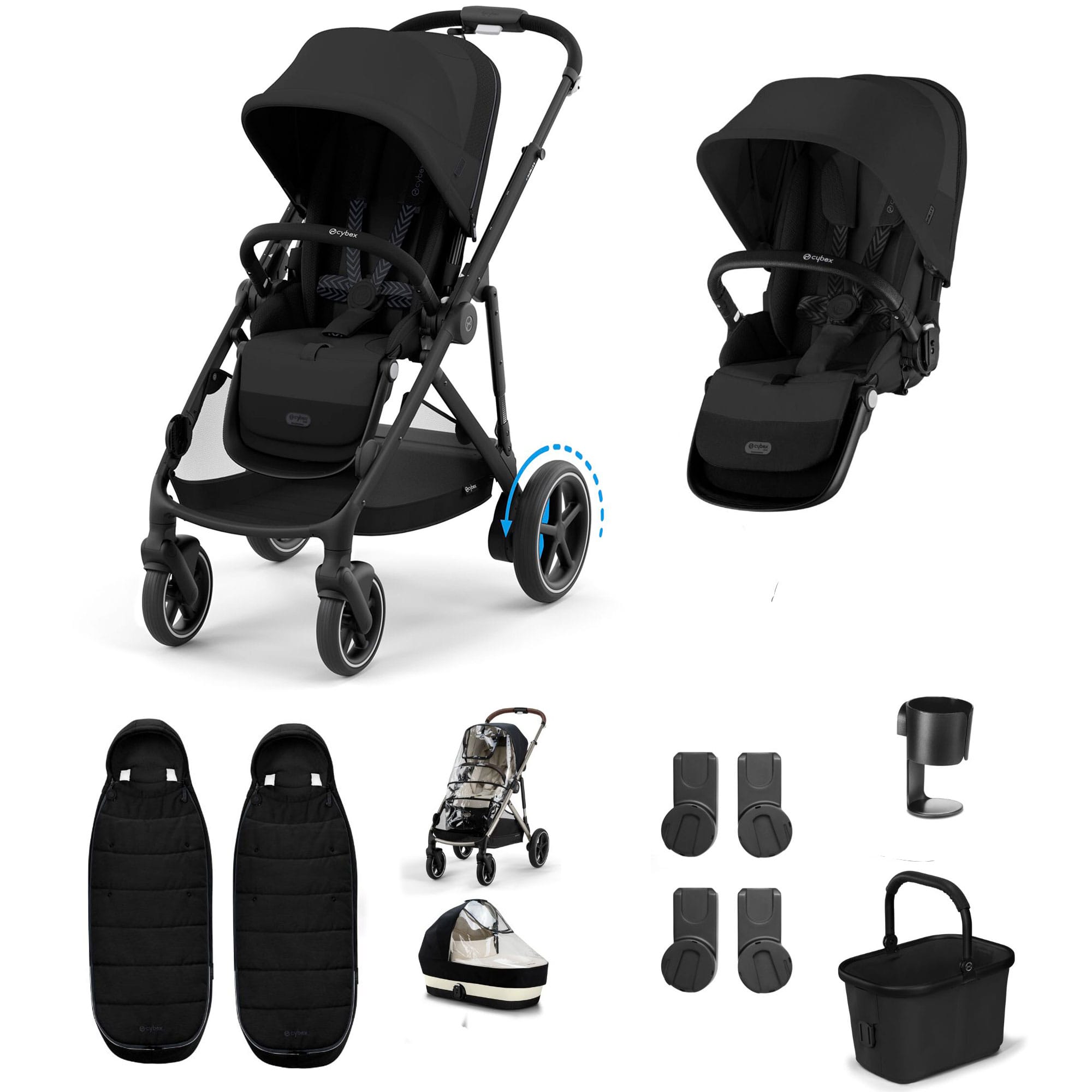 Cybex eGazelle S Twin Essential Pushchair Bundle in Moon Black Travel Systems 21440-TWN-ESS-BLK-1 4063846465842
