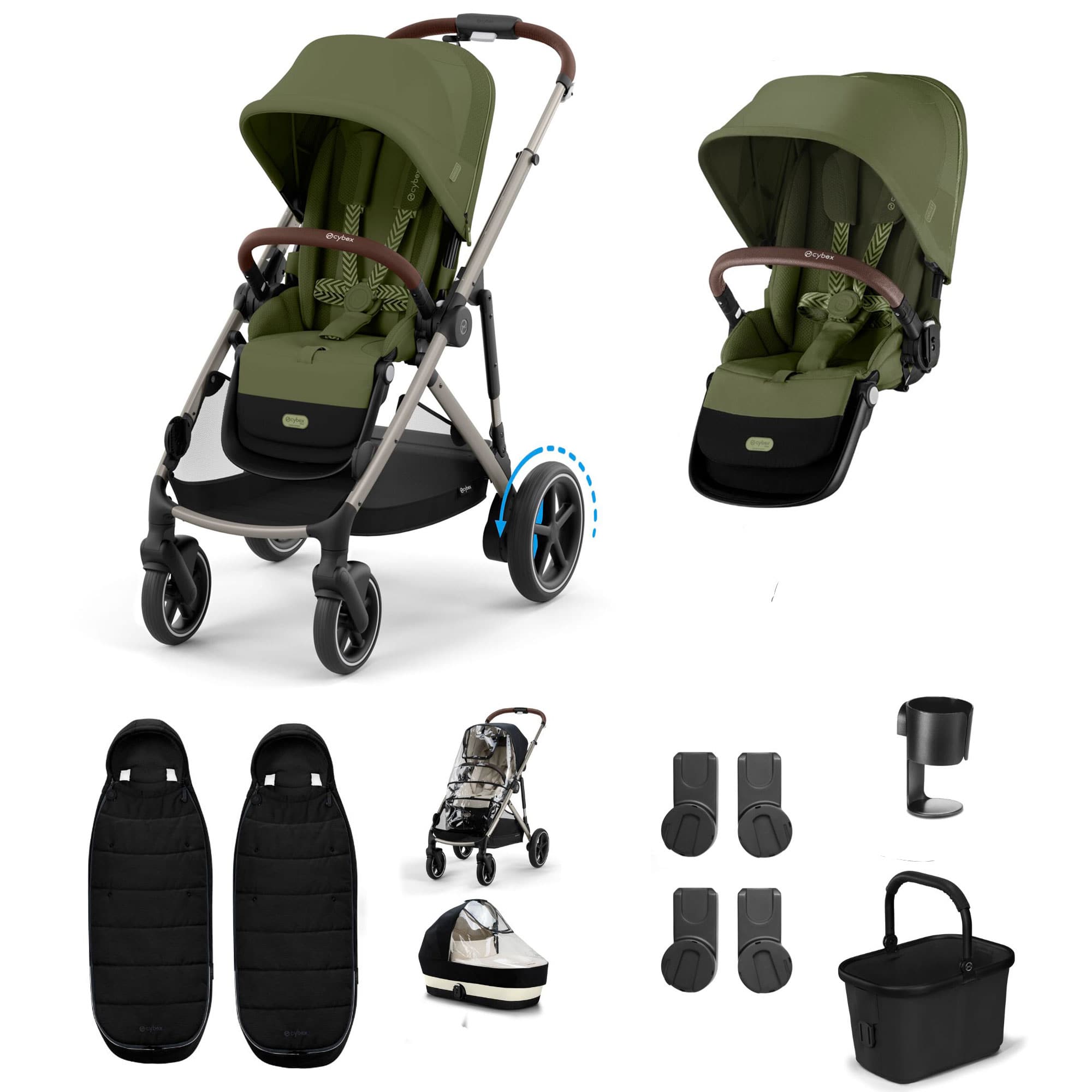 Cybex eGazelle S Twin Essential Pushchair Bundle in Moss Green Travel Systems 21440-TWN-ESS-MSS-1 4063846511624