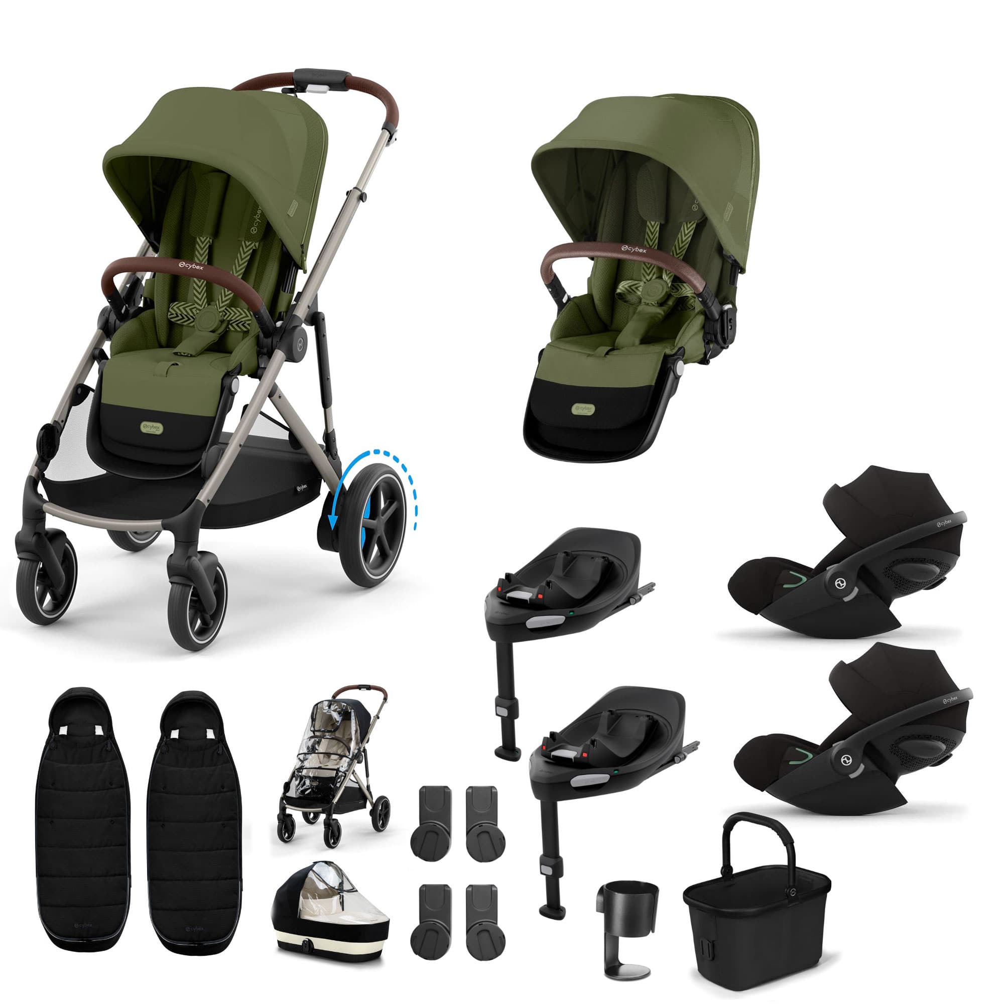 Cybex eGazelle S Twin Luxury Pushchair Bundle in Moss Green Travel Systems