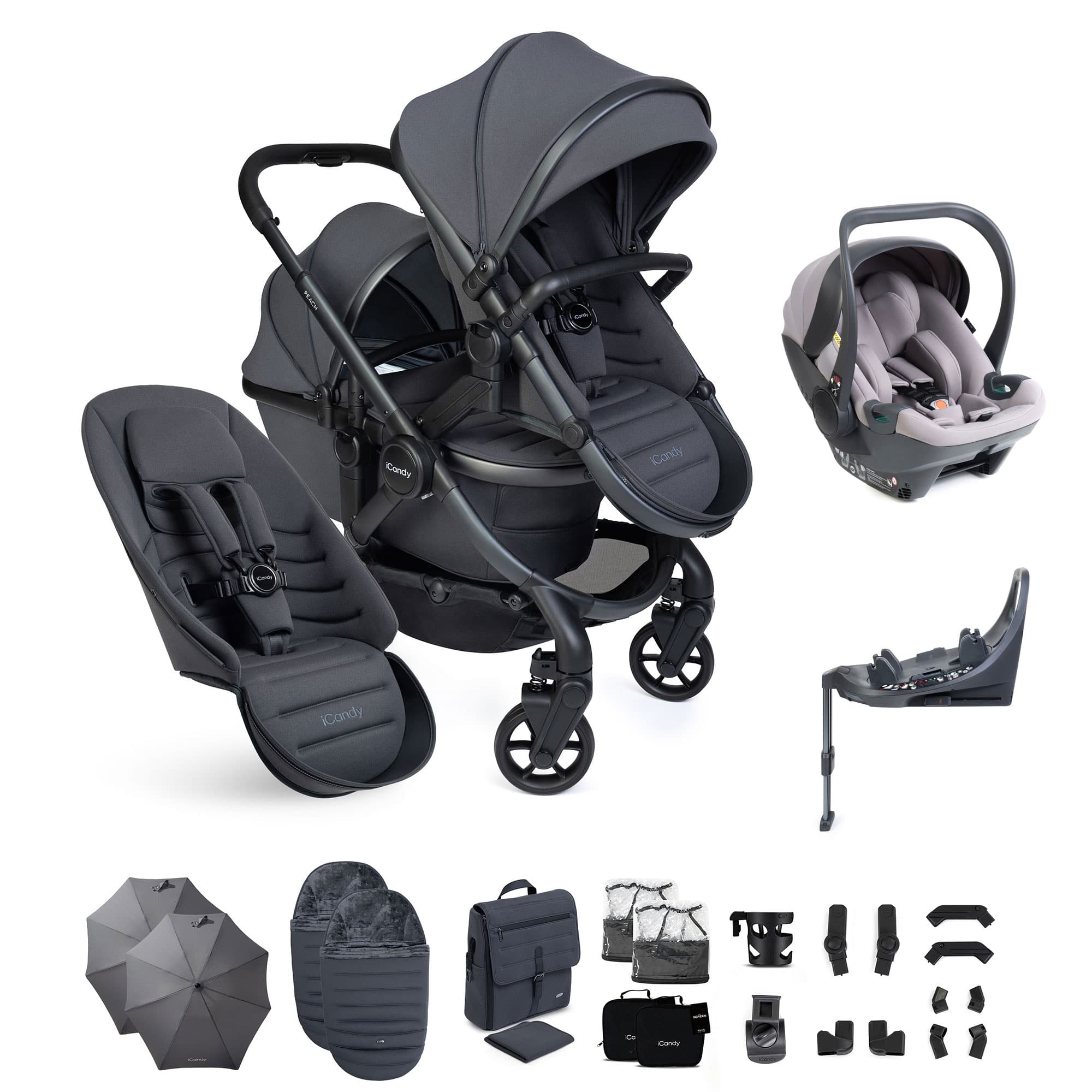 iCandy Peach 8 Double Complete Bundle with Cocoon 360 in Grey Travel Systems P8-DBL-GRY 5010334064901