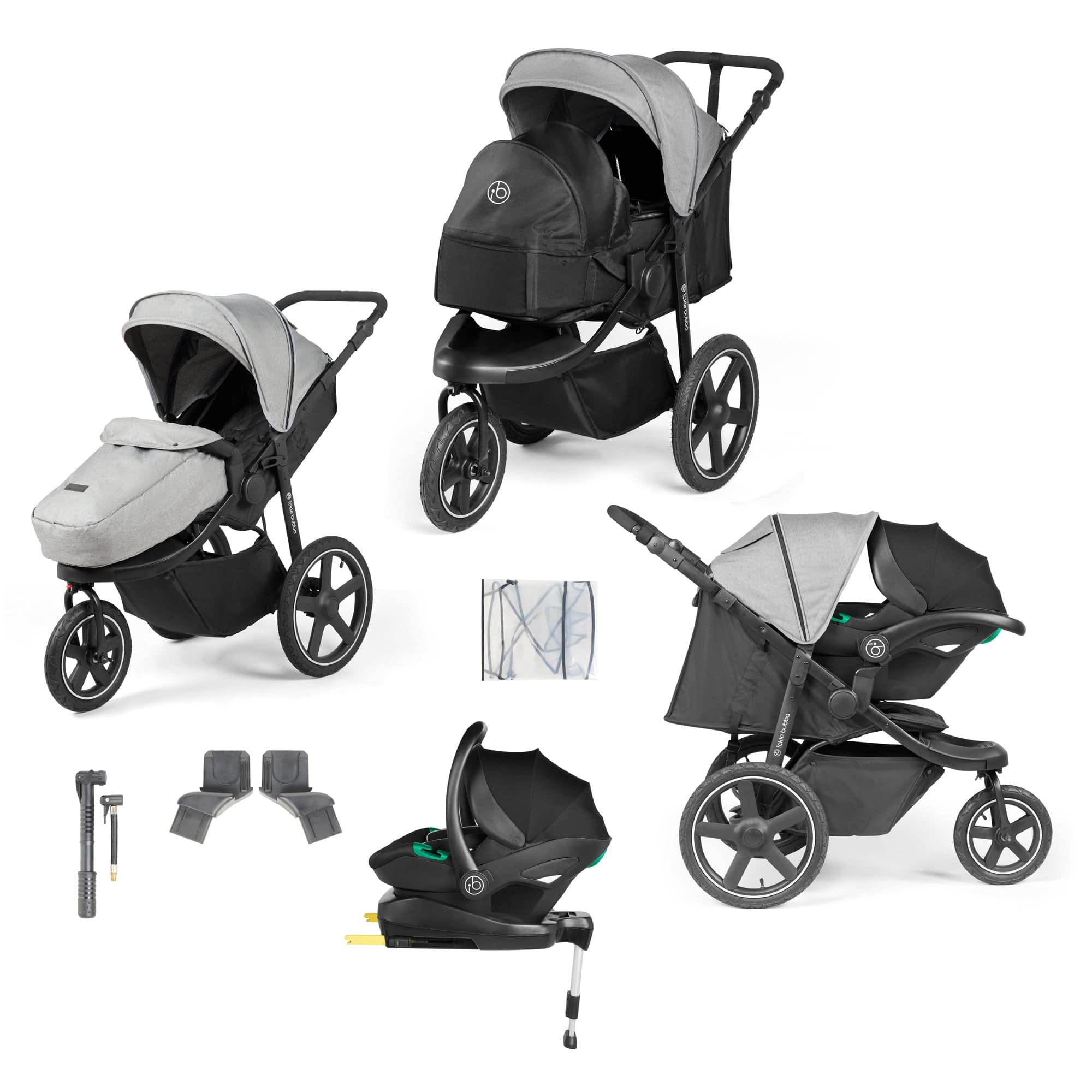 Ickle Bubba Venus Prime Jogger Stroller I-Size Travel System in Black/Space Grey with Base 3 Wheelers 13-004-600-014 5056515025934