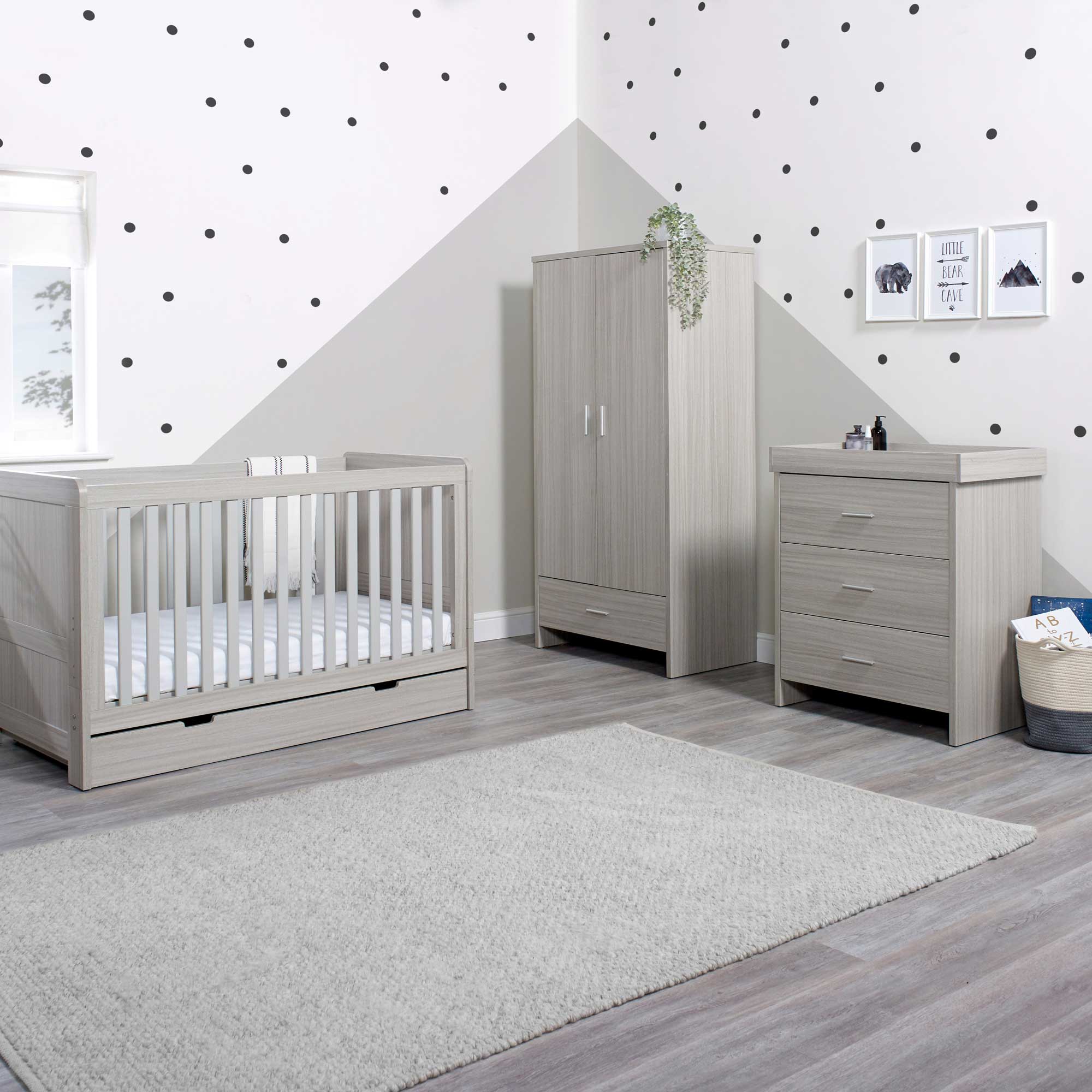 Ickle Bubba Pembrey 3 Piece Furniture Set and Under Drawer Ash Grey Nursery Room Sets