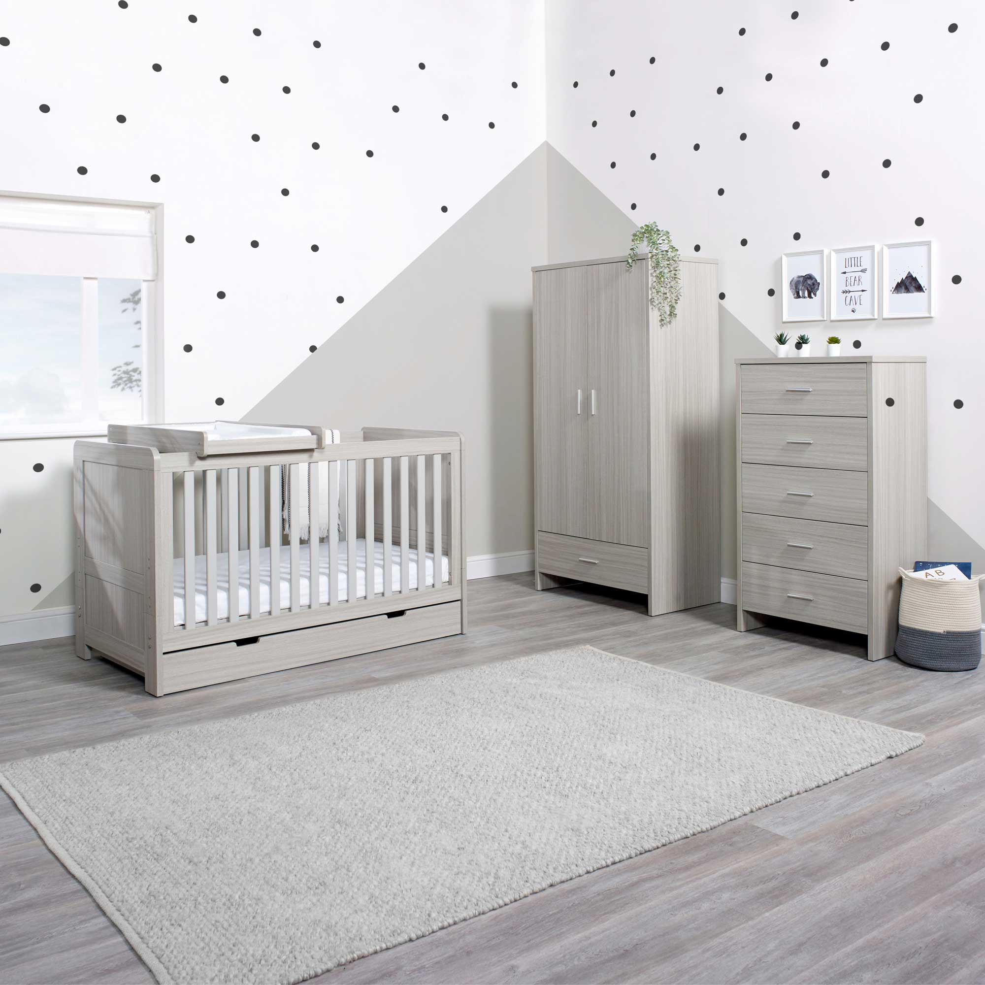 Ickle Bubba Pembrey 4 Piece Furniture Set and Under Drawer Ash Grey Nursery Room Sets