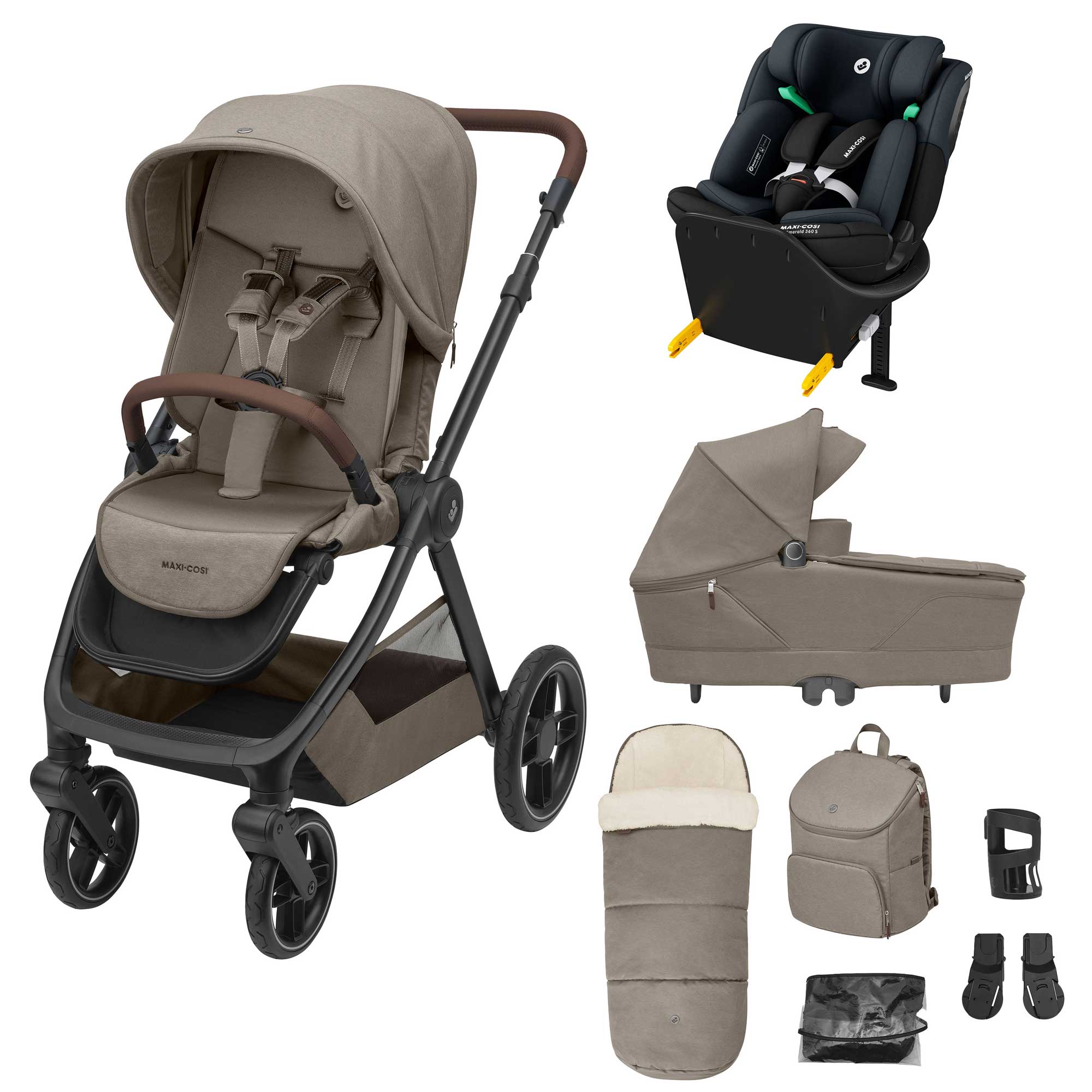 Maxi-Cosi Oxford+ 8 Piece Emerald 360S Bundle in Twillic Truffle Baby Prams KF10000136 8712930023883