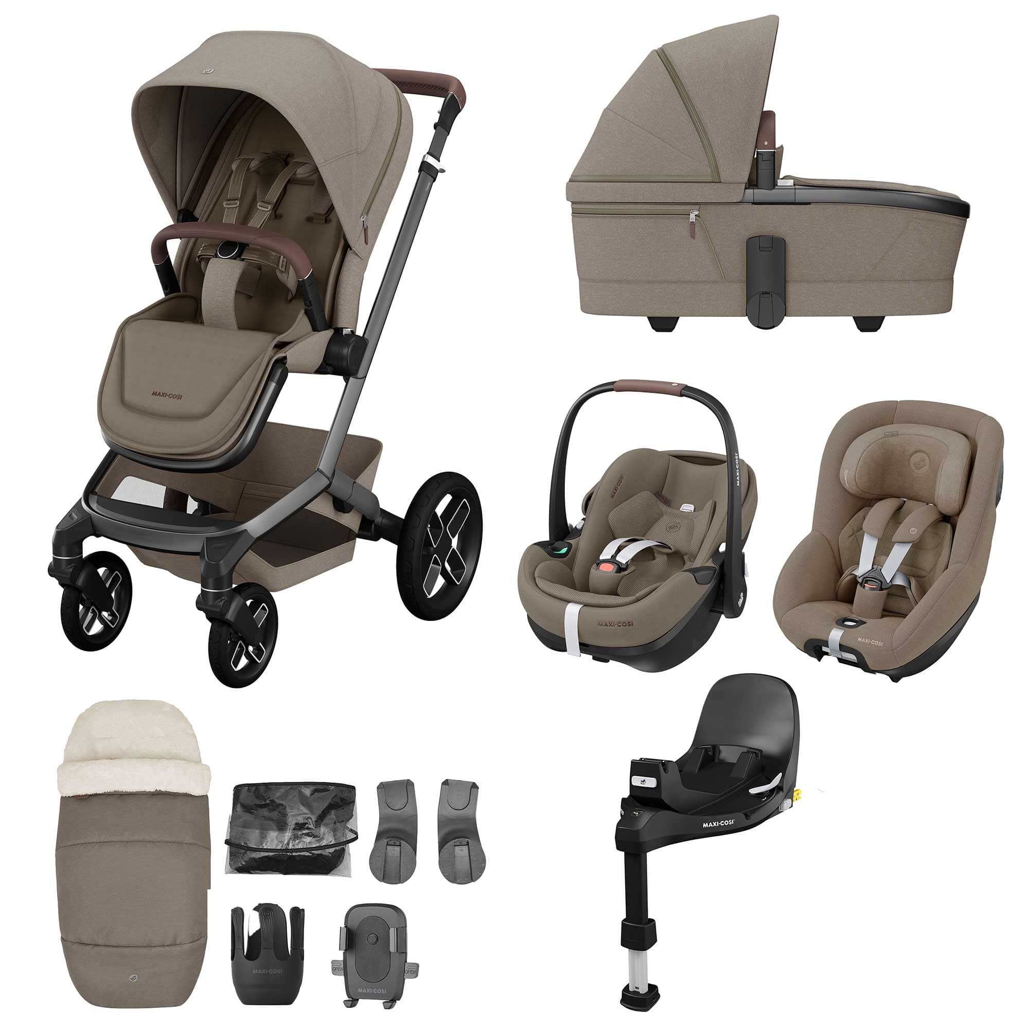 Maxi-Cosi FAME 10 Piece Premium Family 360 Pro Bundle in Twillic Truffle (Black Wheels) Travel Systems KF10000133 8712930023845