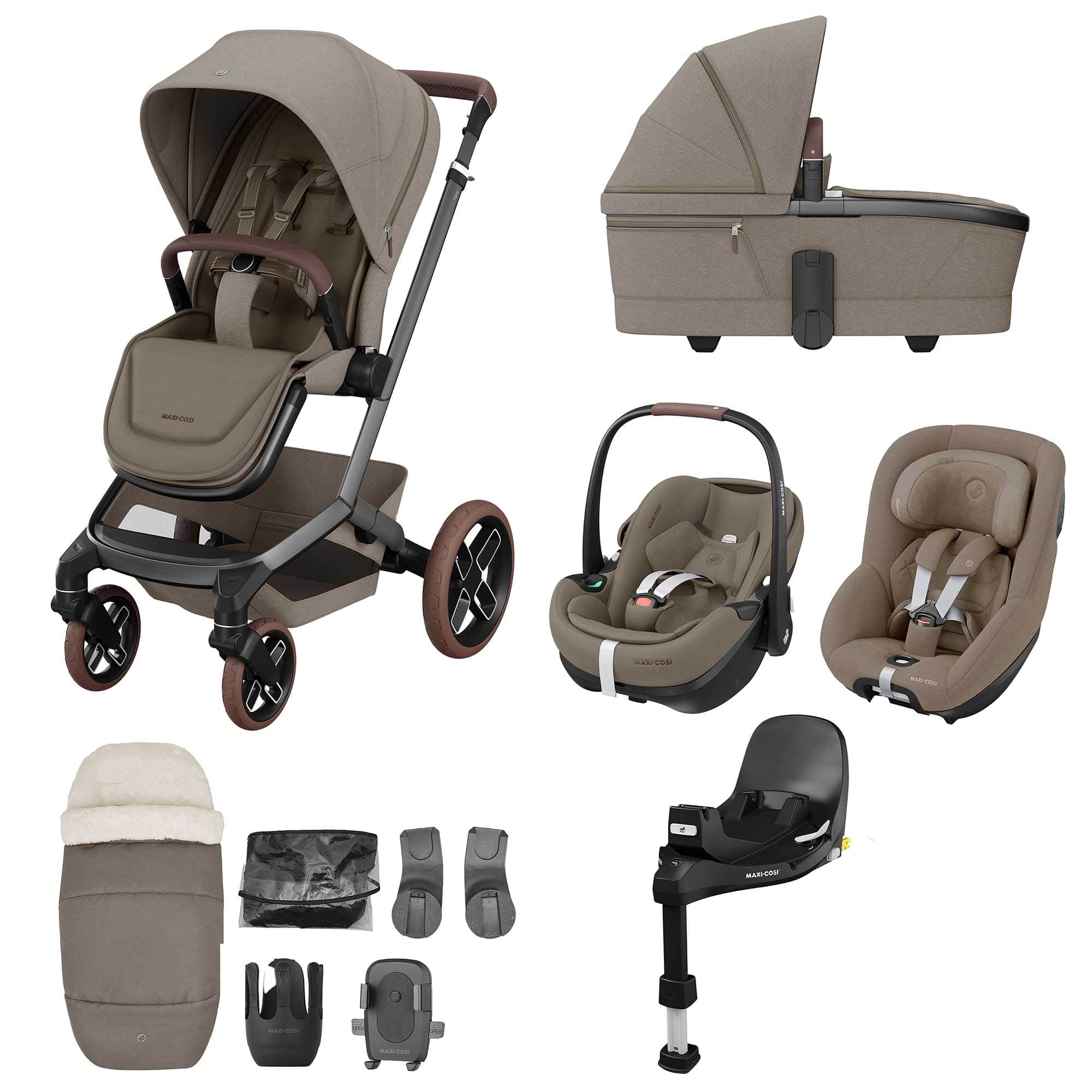 Maxi-Cosi FAME 10 Piece Premium Family 360 Pro Bundle in Twillic Truffle (Brown Wheels) Travel Systems KF10000134 8712930023852