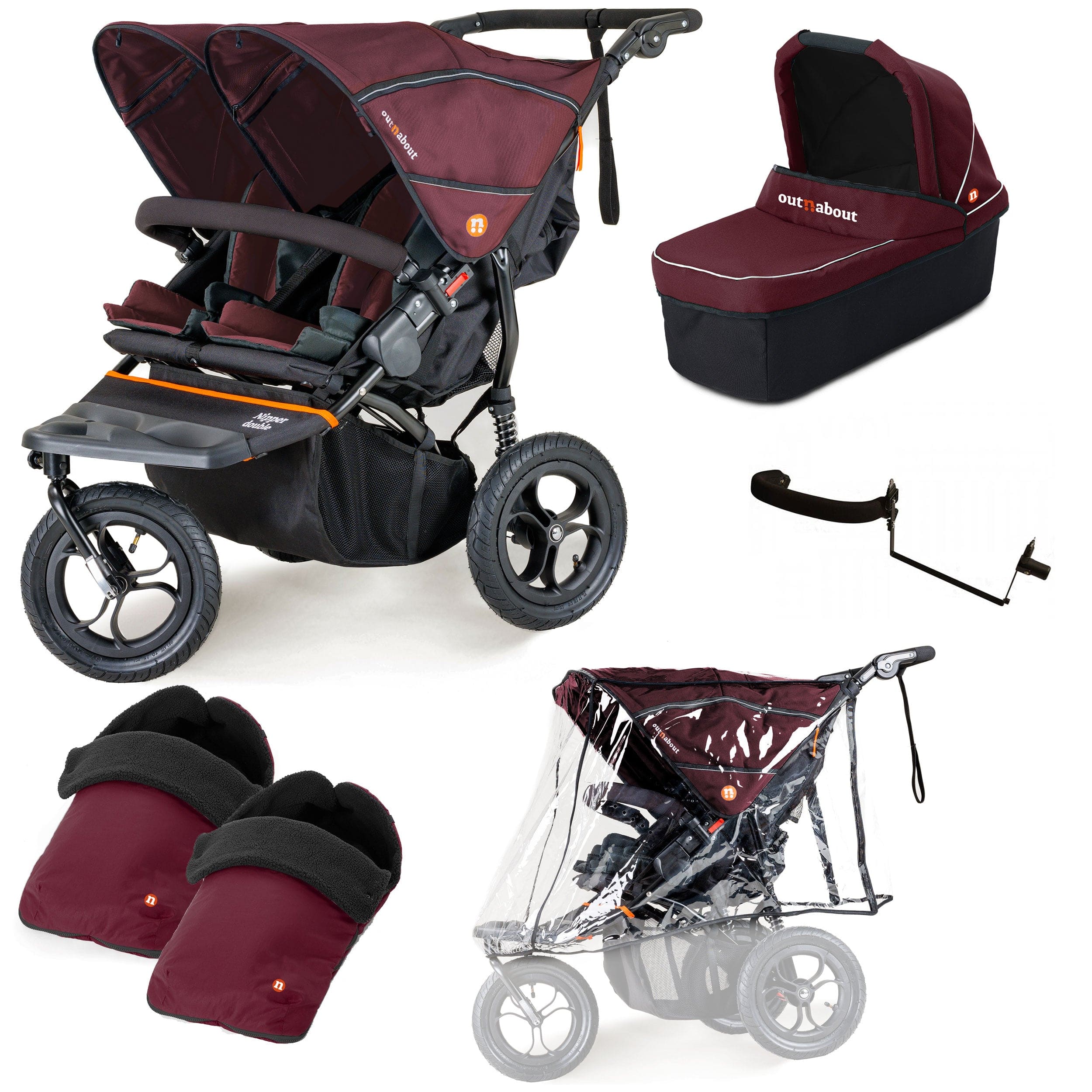 Out n About Nipper Double Duo Essentials Bundle in Brambleberry Red 3 Wheeler Pushchair Bundles 15753-DTN-ESS-RED 5060167546143