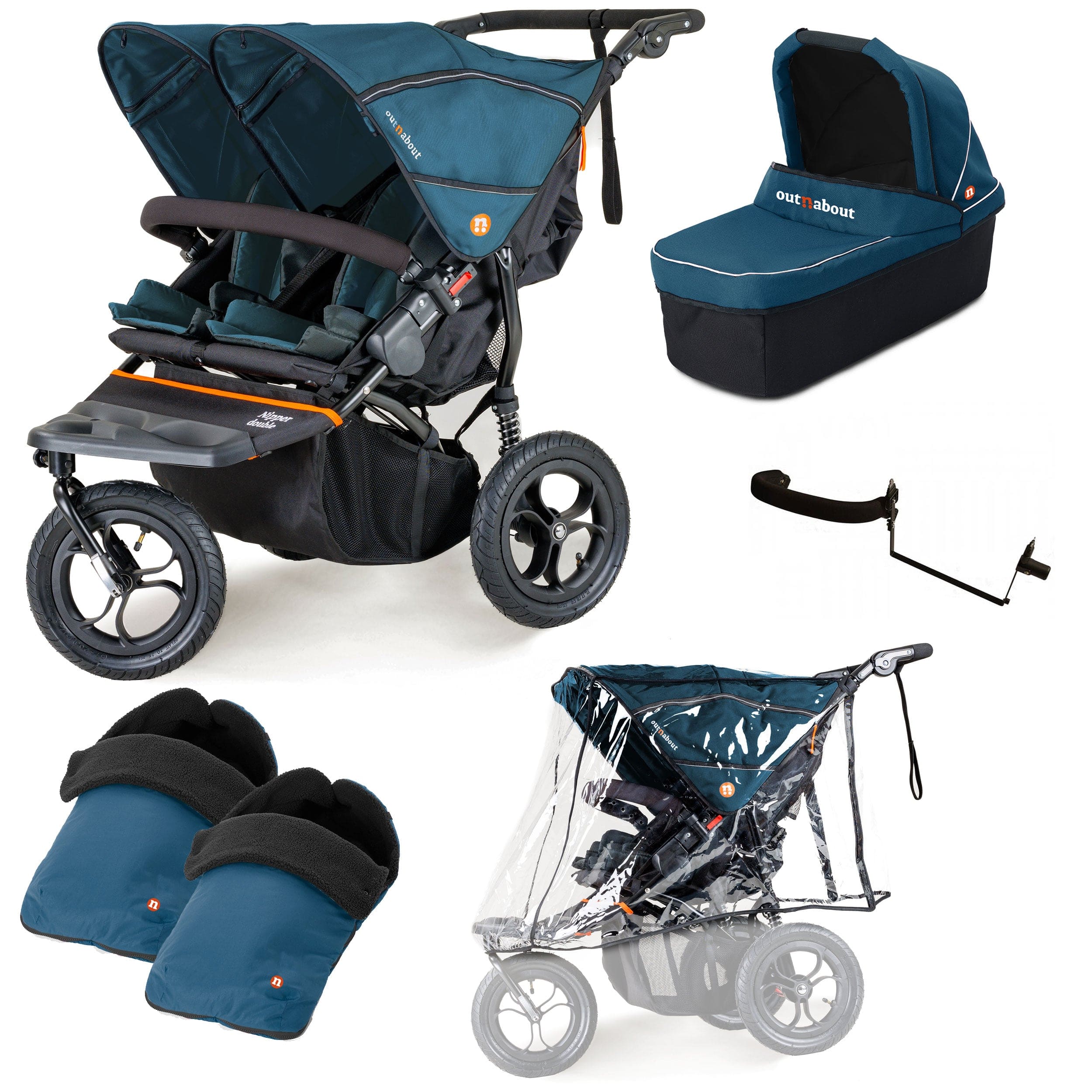 Out n About Nipper Double Duo Essentials Bundle in Highland Blue 3 Wheeler Pushchair Bundles 15755-DTN-ESS-BLU 5060167546136