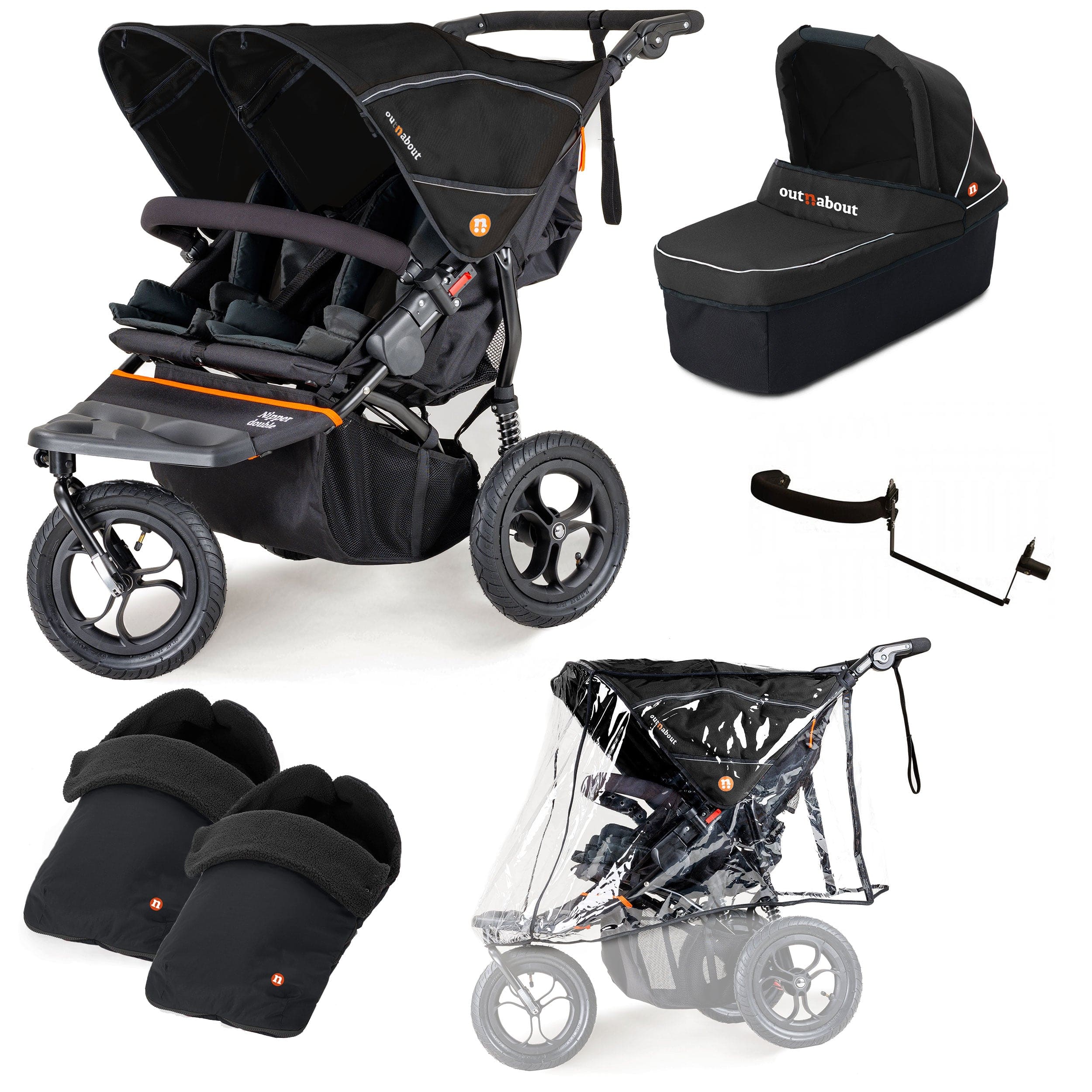 Out n About Nipper Double Duo Essentials Bundle in Summit Black 3 Wheeler Pushchair Bundles 15757-DTN-ESS-SBL 5060167546778