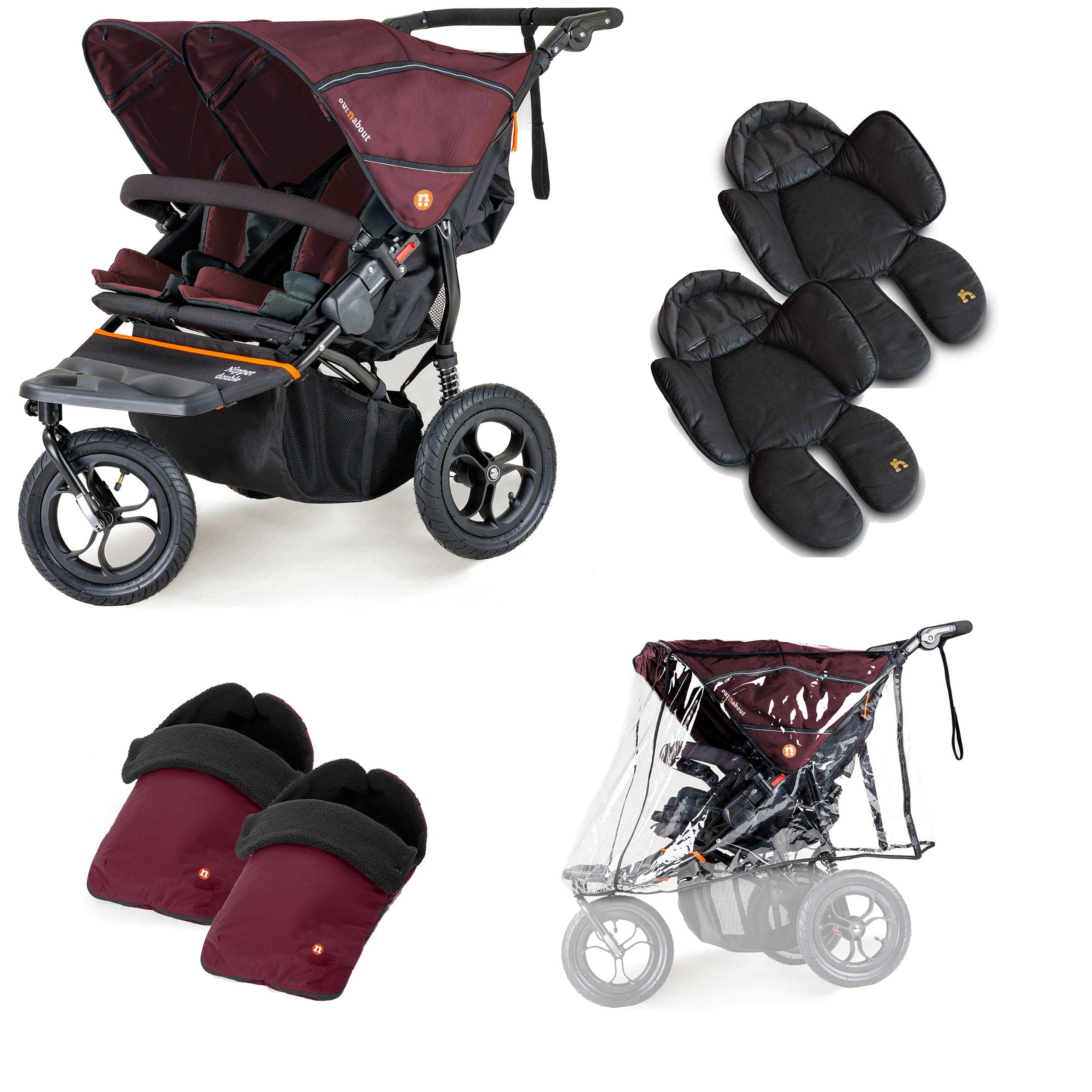 Out n About Nipper Double Twin Comfort Bundle in Brambleberry Red 3 Wheeler Pushchair Bundles 15884-DTW-COM-RED 5060167546143