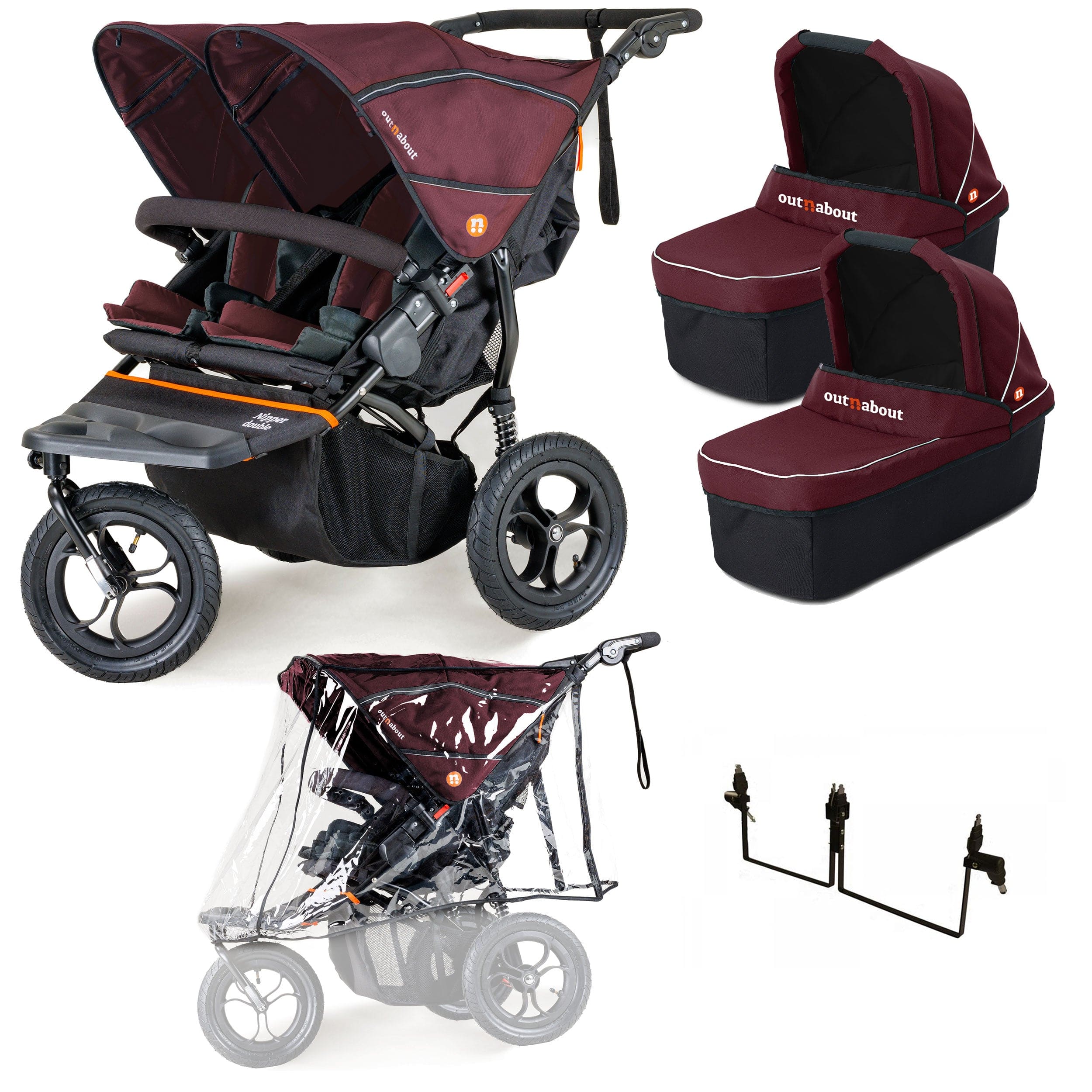 Out n About Nipper Double Twin Starter Bundle in Brambleberry Red 3 Wheeler Pushchair Bundles 15711-DTW-Start-Red 5060167546143