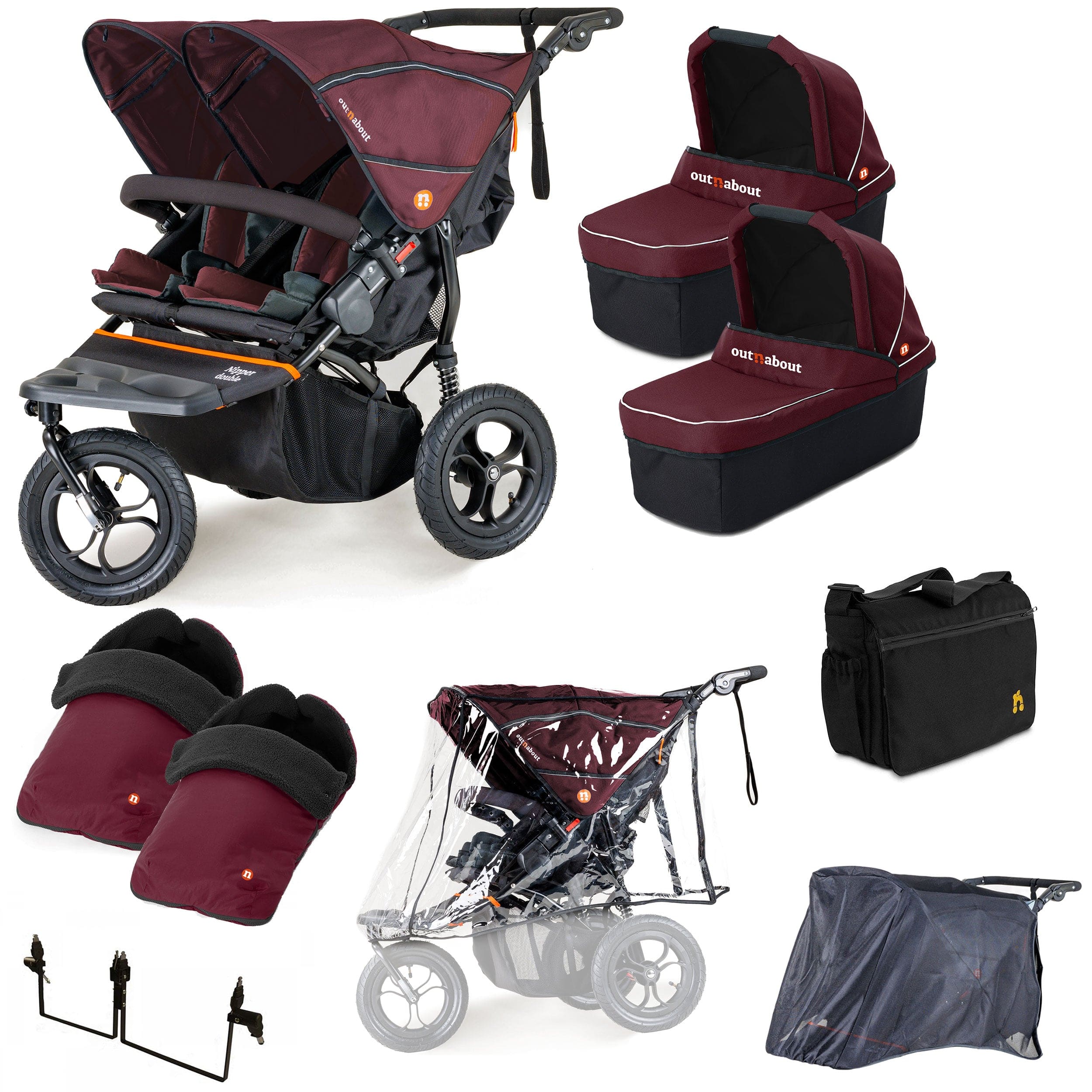 Out n About Nipper Double Twin Ultimate Bundle in Brambleberry Red 3 Wheeler Pushchair Bundles 15735-DTW-ULT-RED 5060167546143