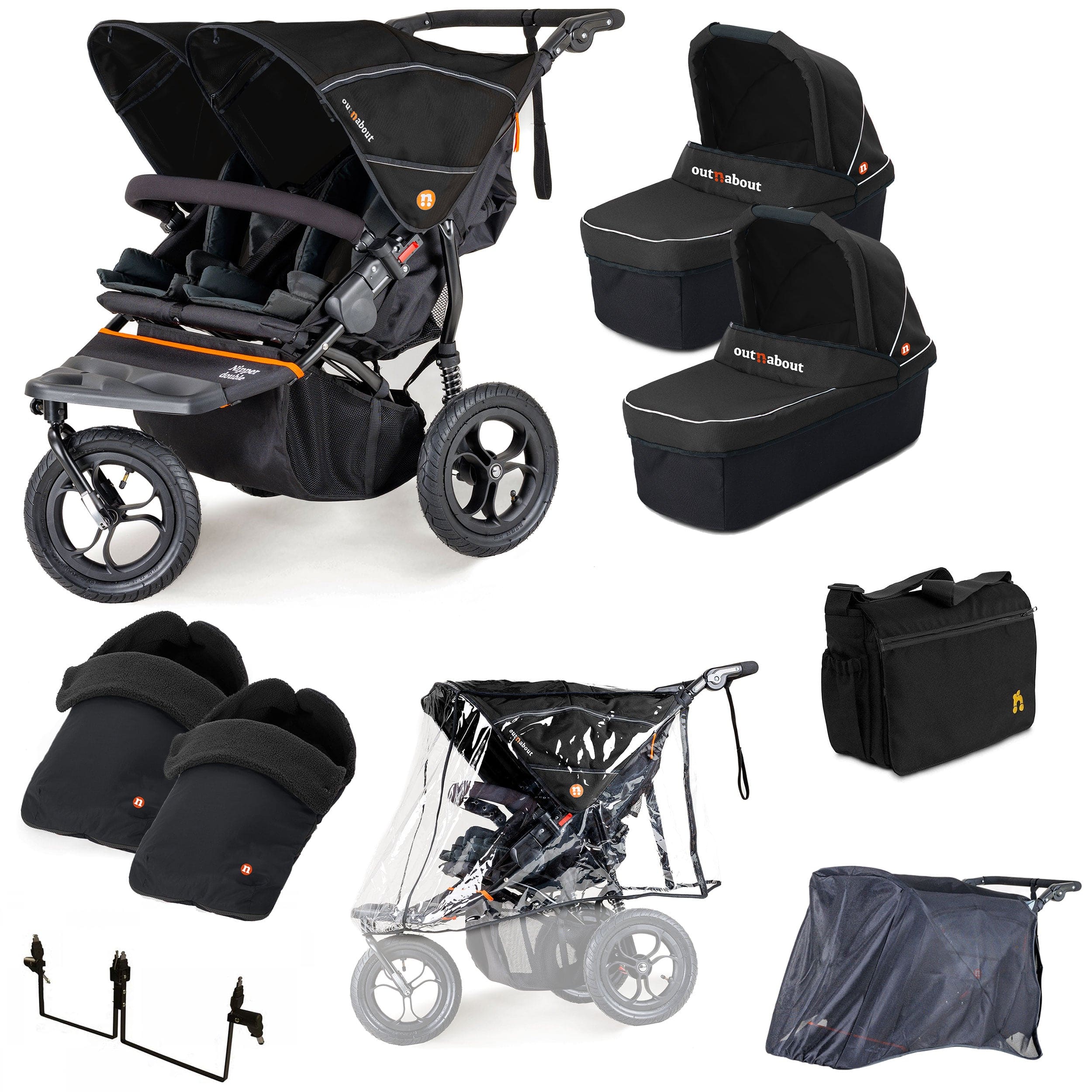 Out n About Nipper Double Twin Ultimate Bundle in Summit Black 3 Wheeler Pushchair Bundles 15883-DTW-ULT-SBL 5060167546778