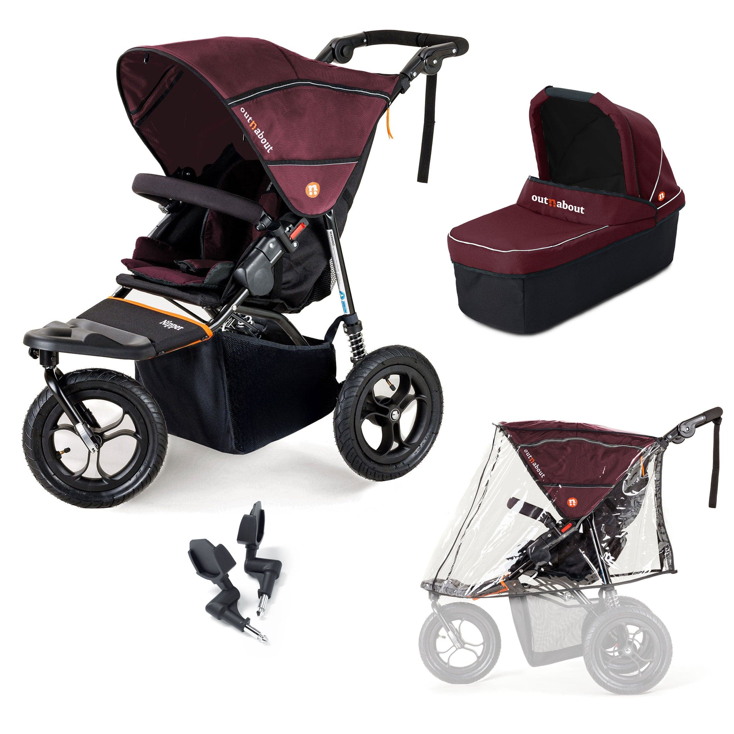 Out n About Nipper Double Twin Starter Bundle in Brambleberry Red 3 Wheeler Pushchair Bundles 5060167546143