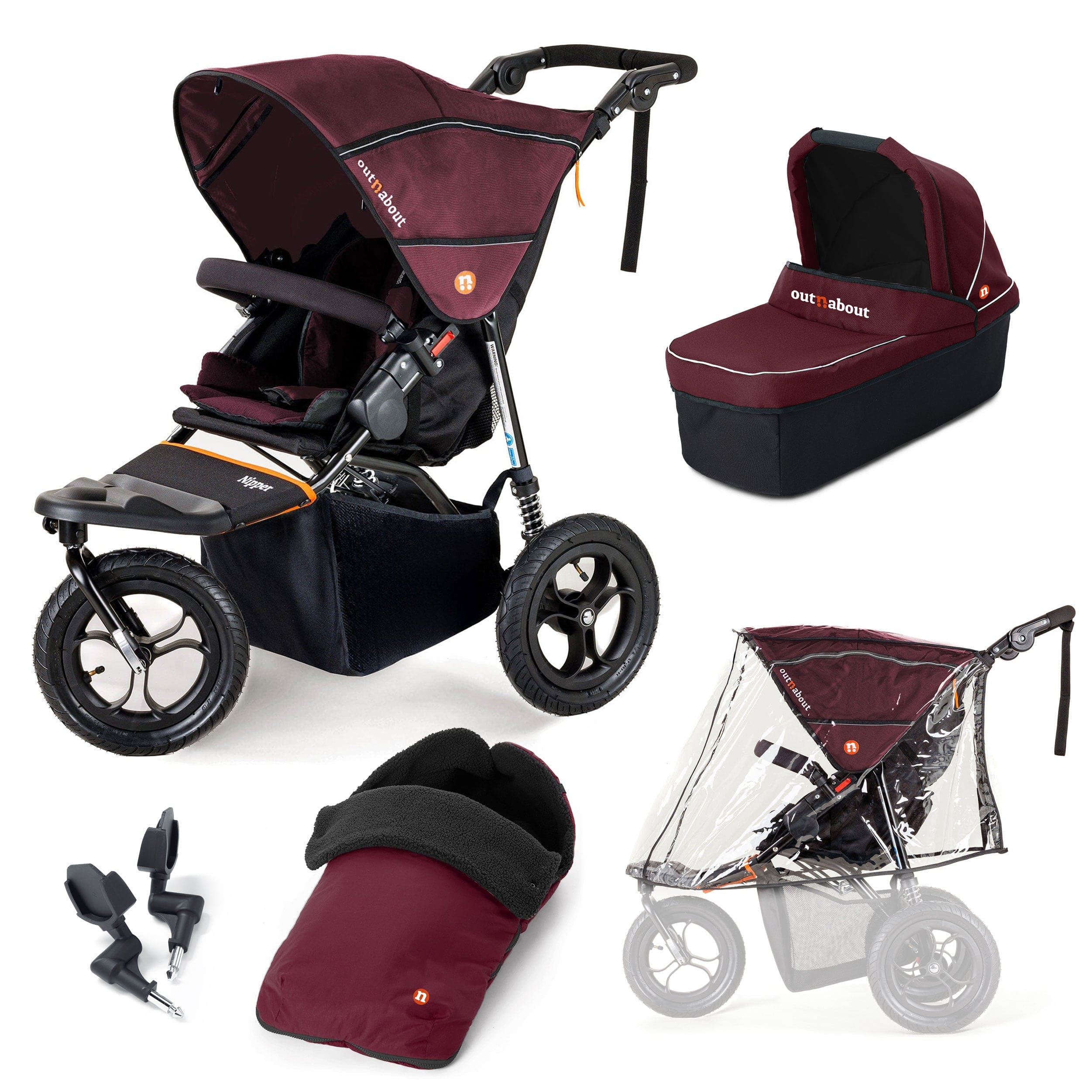 Out n About Nipper Single New Parent Ultimate Bundle in Brambleberry Red 3 Wheeler Pushchair Bundles 5060167546143