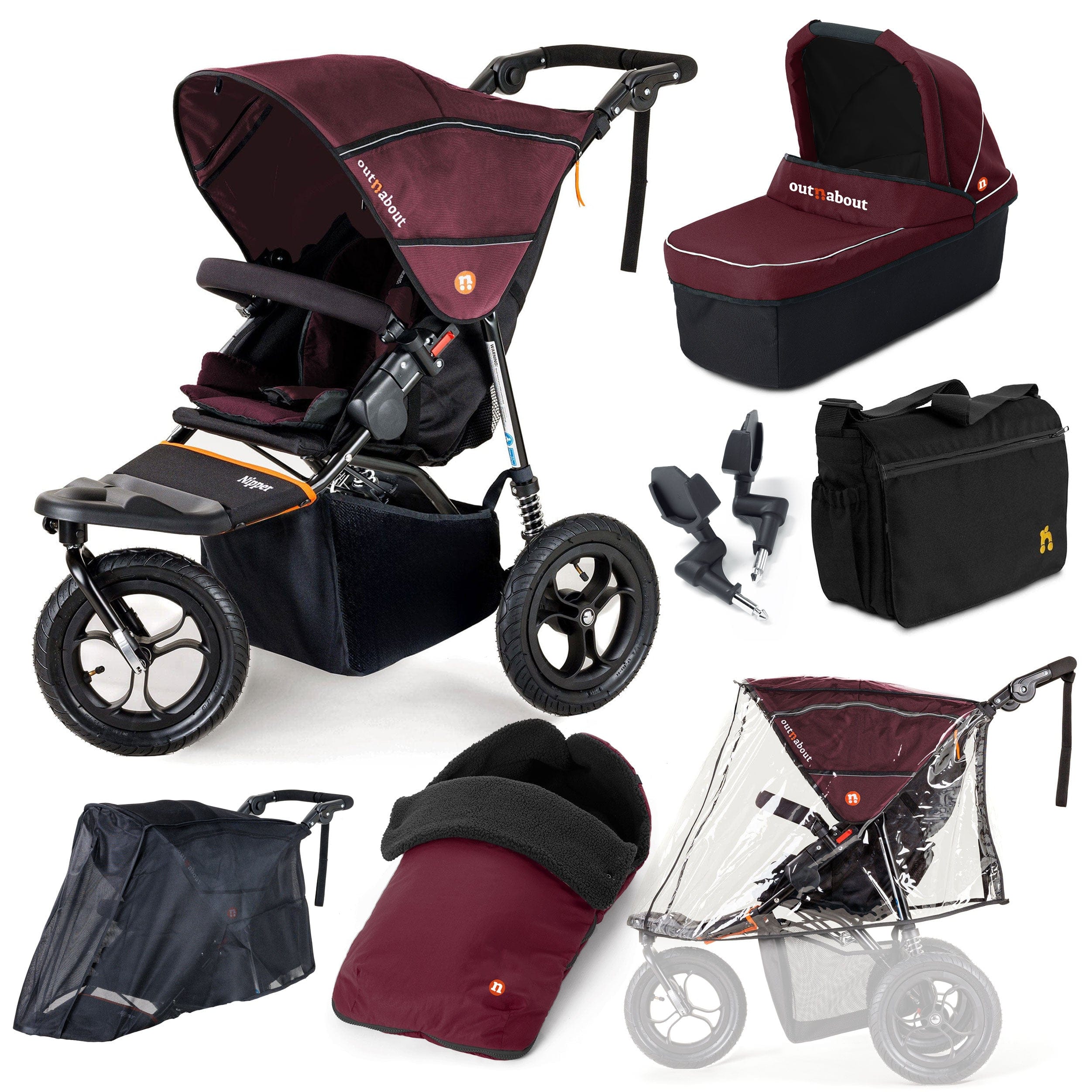 Out n About Nipper Single New Parent Ultimate Bundle in Brambleberry Red 3 Wheeler Pushchair Bundles 15811-SGL-RED 5060167546143
