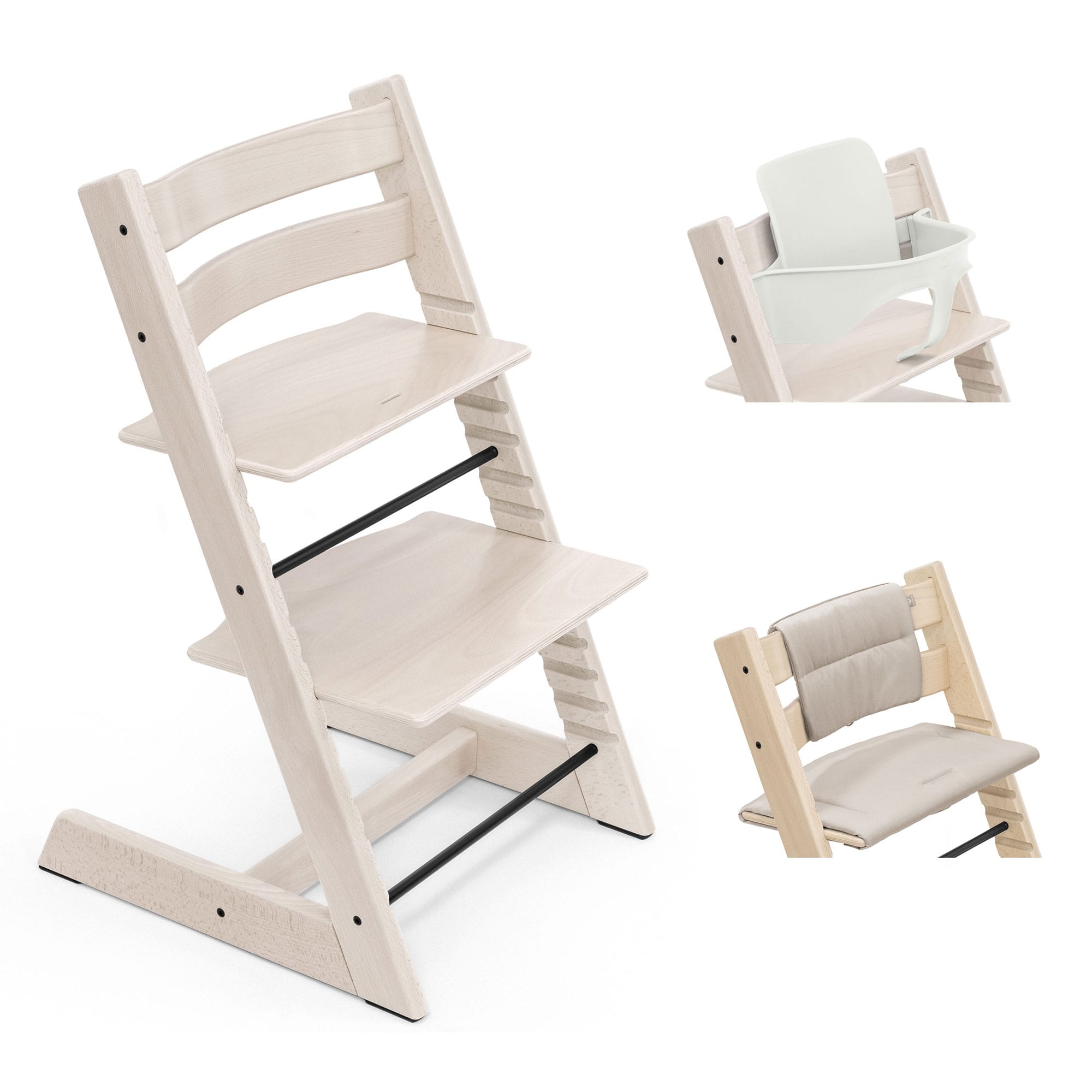 Stokke Tripp Trapp Highchair with Cushion & Baby Set in Whitewash Baby Highchairs 21229-CHR-CUS-BBY-WW-6 7040351001052