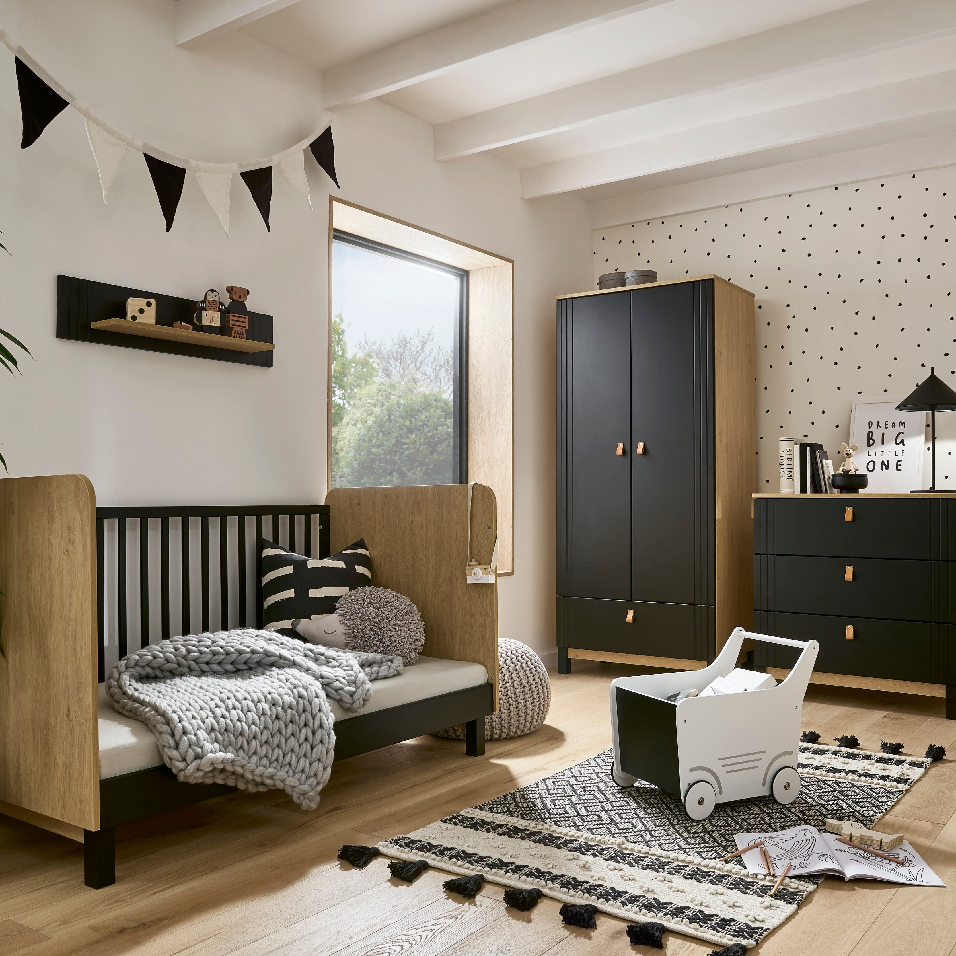 CuddleCo Rafi 4 Piece Room Set in Oak & Black Nursery Room Sets
