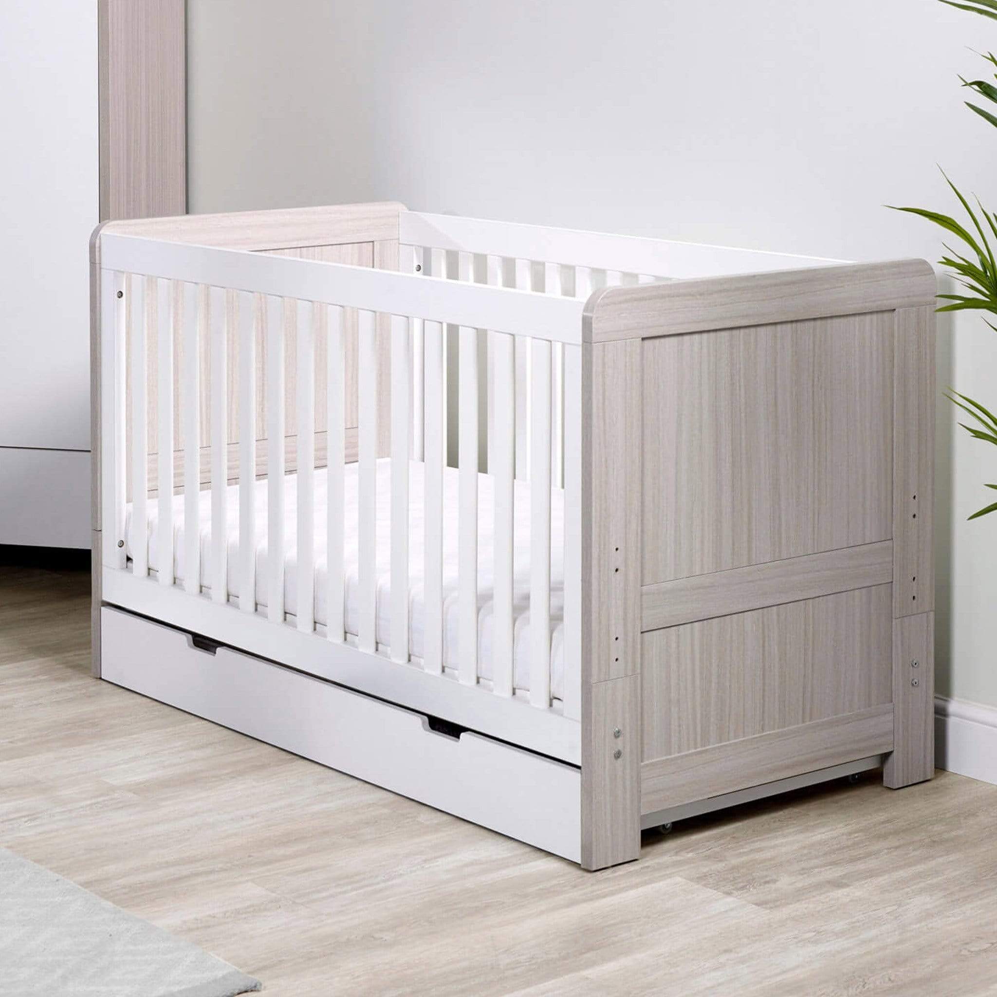 Ickle Bubba Pembrey Cot Bed and Under Drawer Ash Grey & White Cot Beds