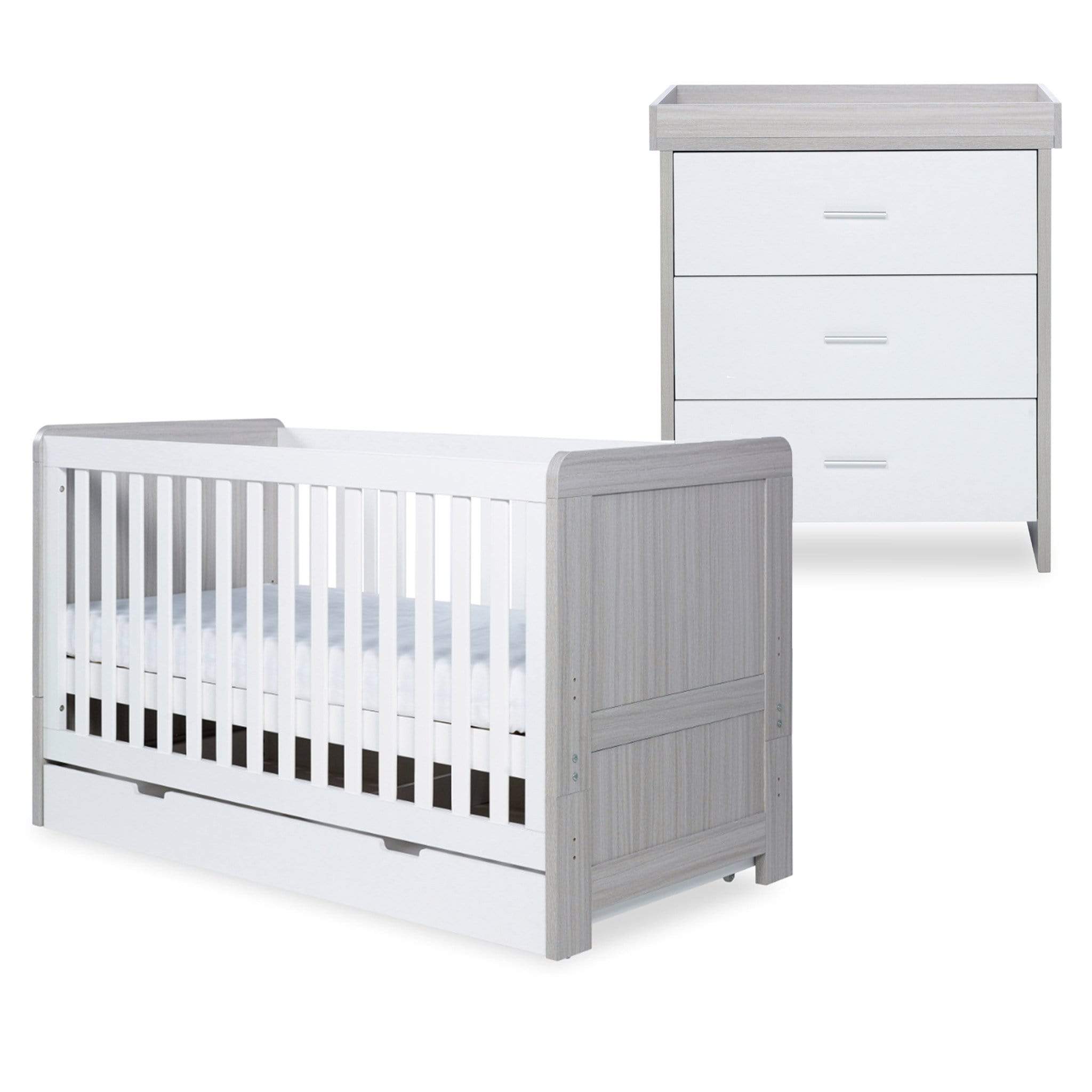 Ickle Bubba Pembrey Cot Bed, Under Drawer and Changing Unit Ash Grey & White Cot Beds