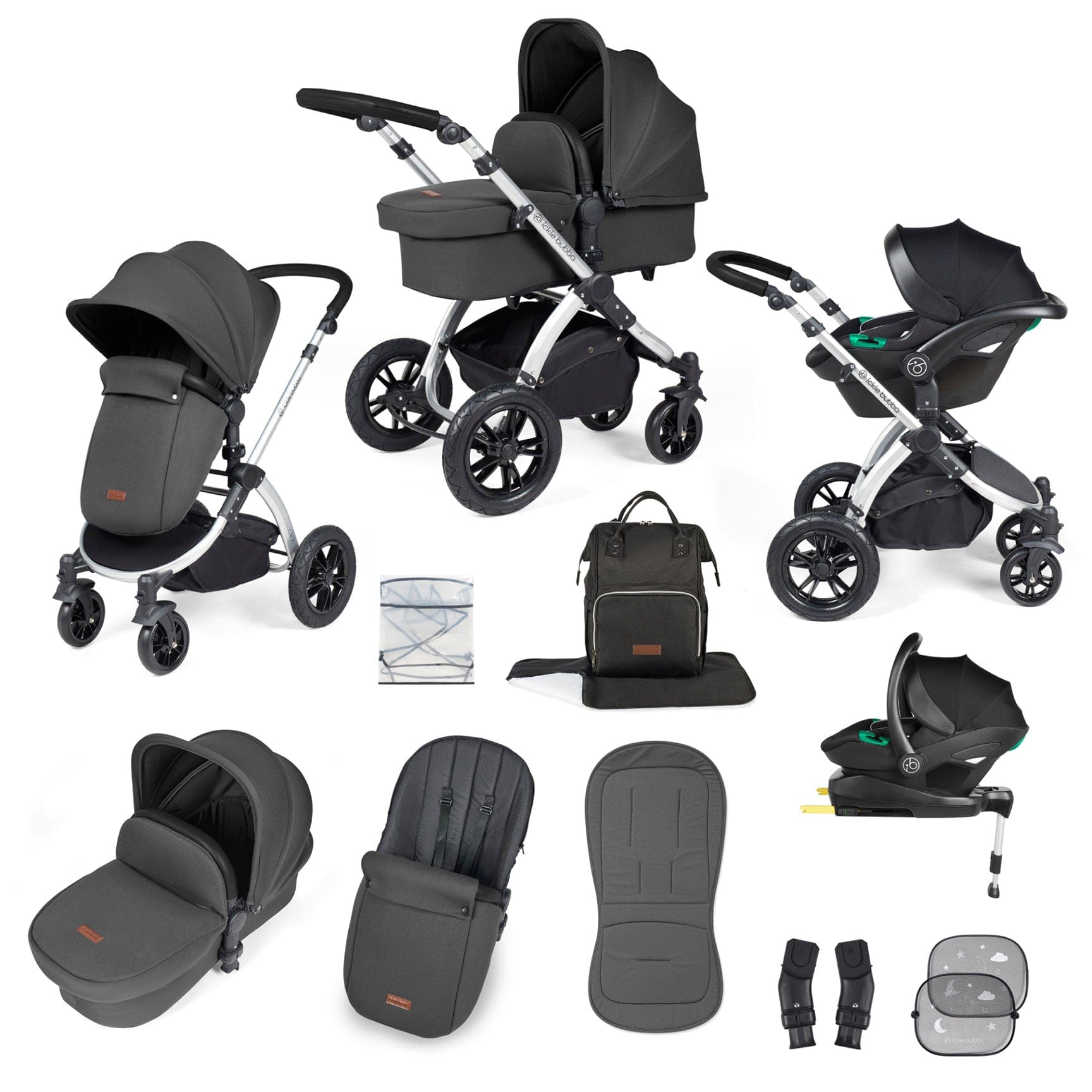 Ickle Bubba Stomp Luxe All-in-One Travel System with Isofix Base in Silver/Charcoal Grey/Black Travel Systems 10-011-300-254 5056515026559